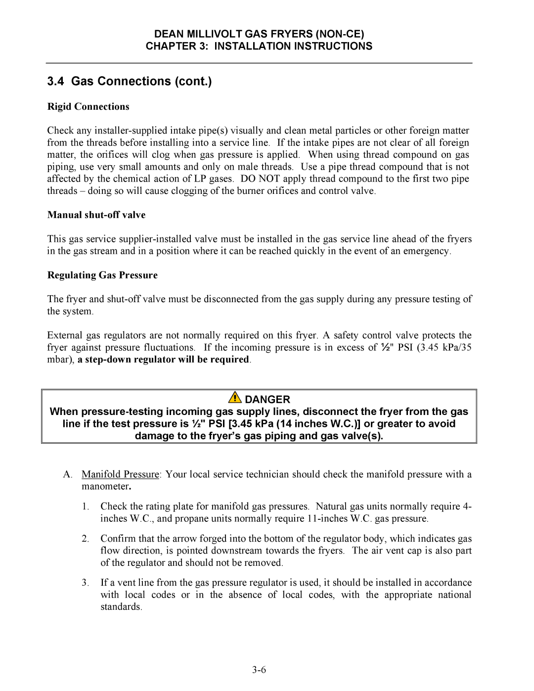 Frymaster SM35 operation manual Rigid Connections, Manual shut-off valve, Regulating Gas Pressure 