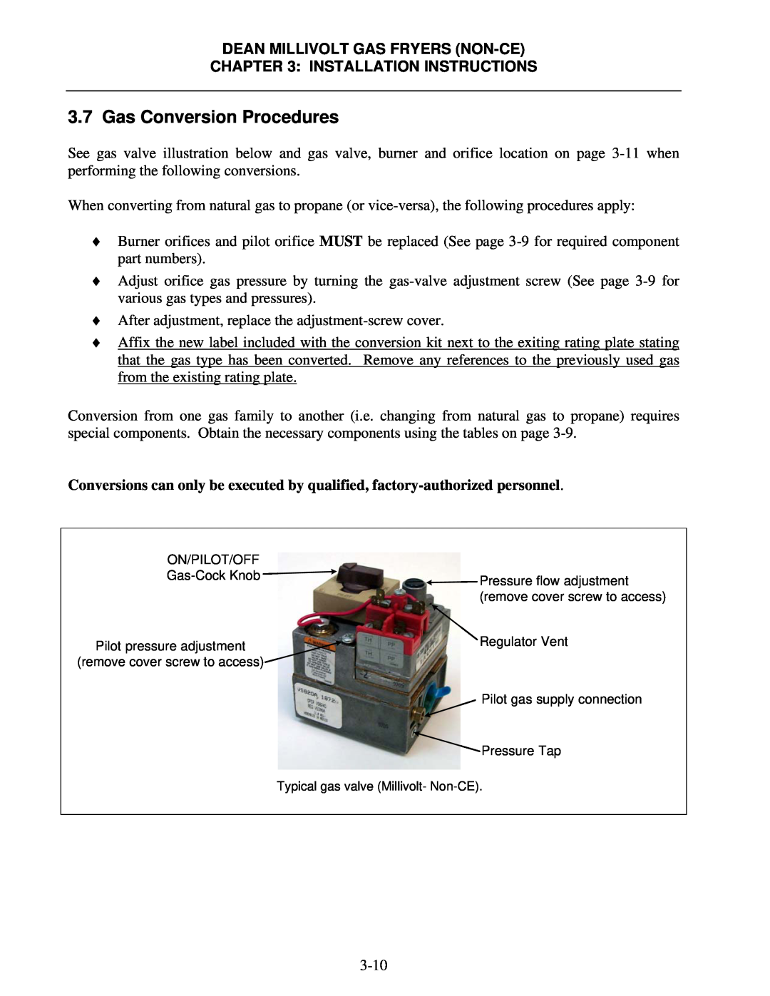 Frymaster SM35 operation manual Gas Conversion Procedures, Dean Millivolt Gas Fryers Non-Ce Installation Instructions 