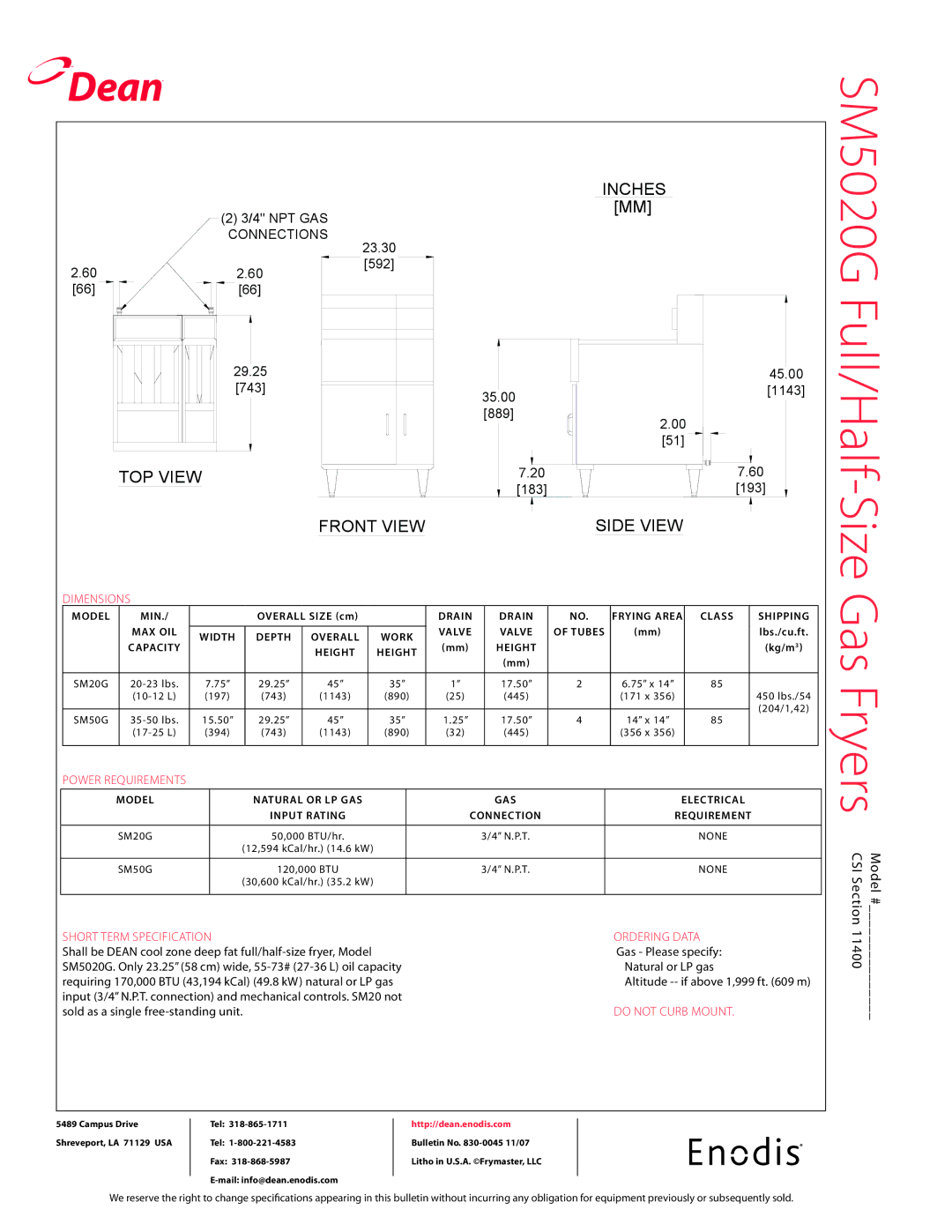 Frymaster SM5020G Full/Half-Size Gas Fryers Model #, Dimensions, Power requirements, Short term specification 