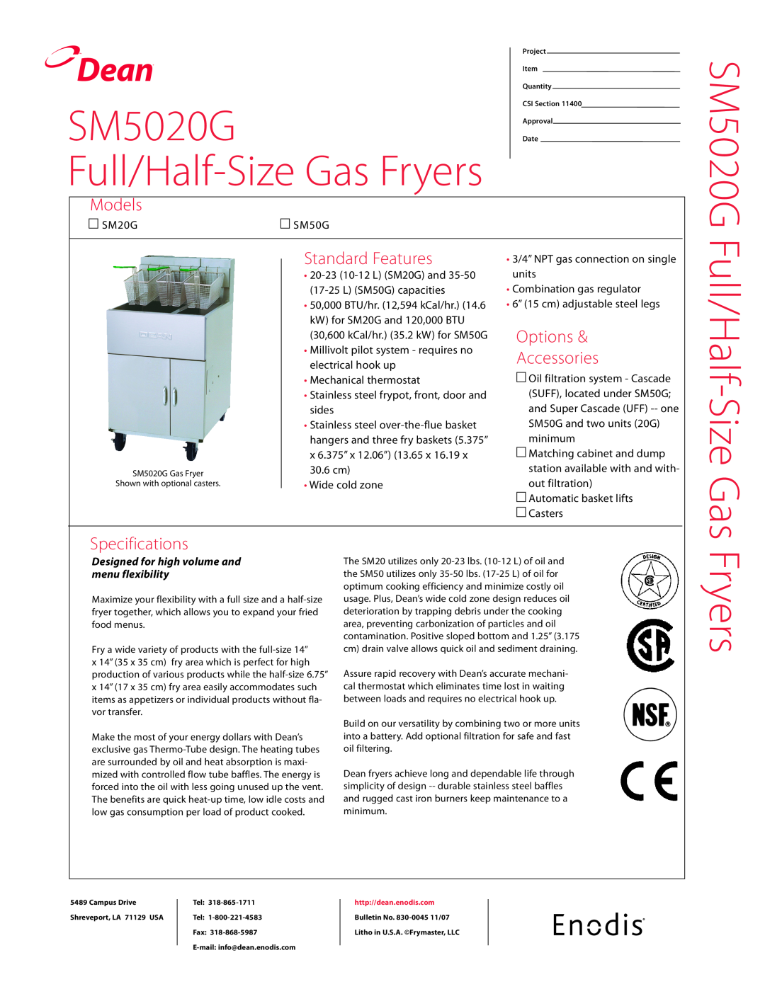Frymaster specifications Dean, SM5020G Full/Half-Size Gas Fryers, Models, Standard Features, Specifications 