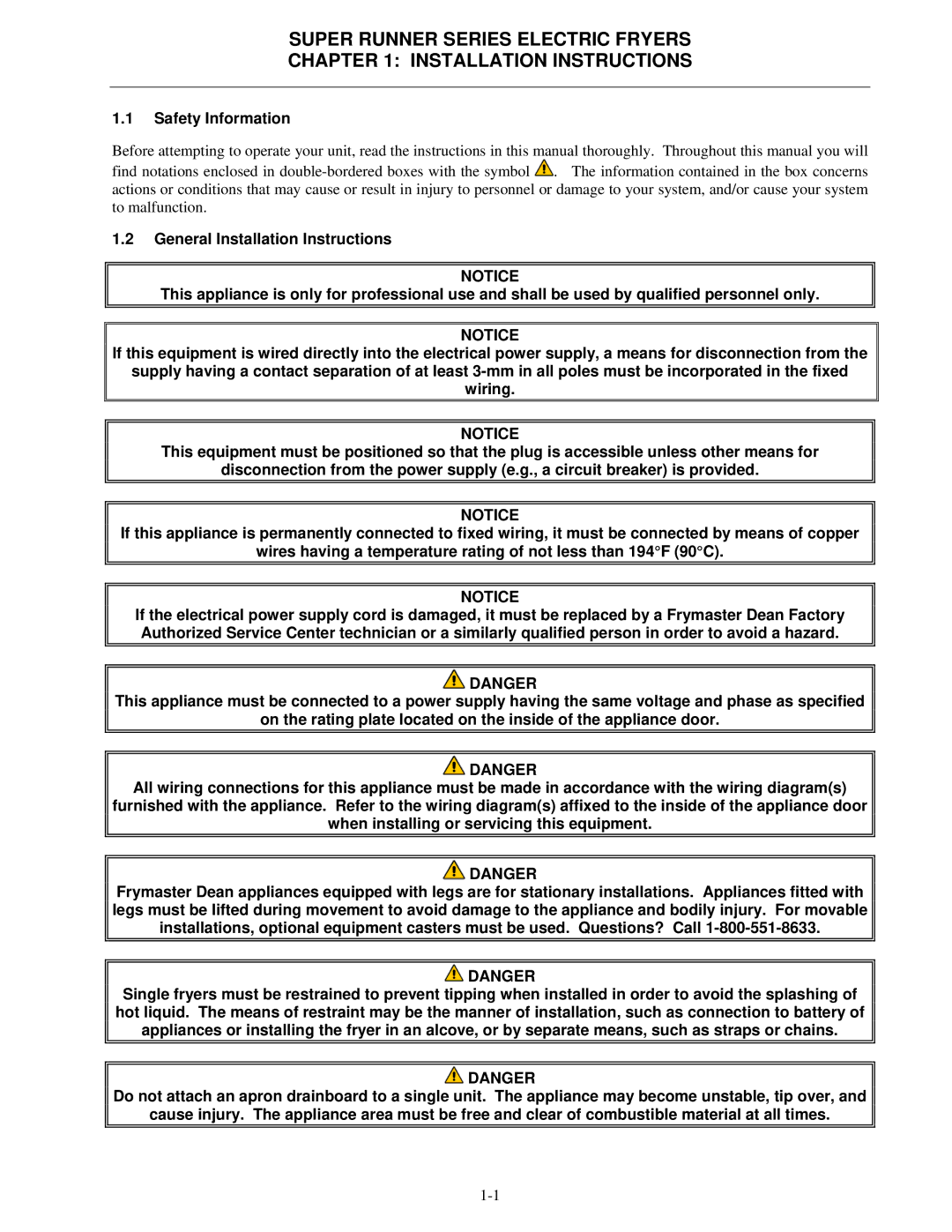 Frymaster SR114E operation manual Safety Information 