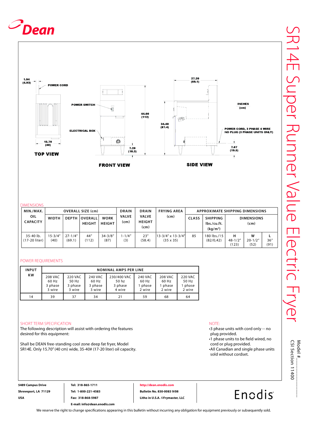 Frymaster SR14E specifications Dimensions, Power requirements, Short term specification 