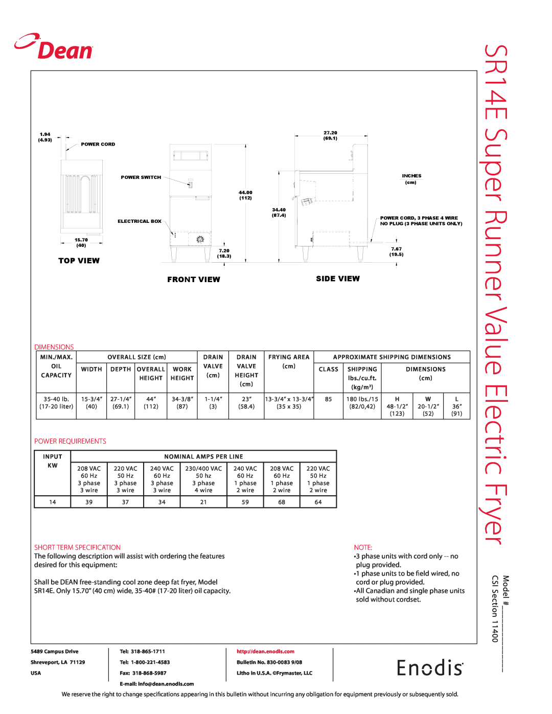 Frymaster SR14E Dean, Top View, Front View, Side View, dimensions, power requirements, short term specification 