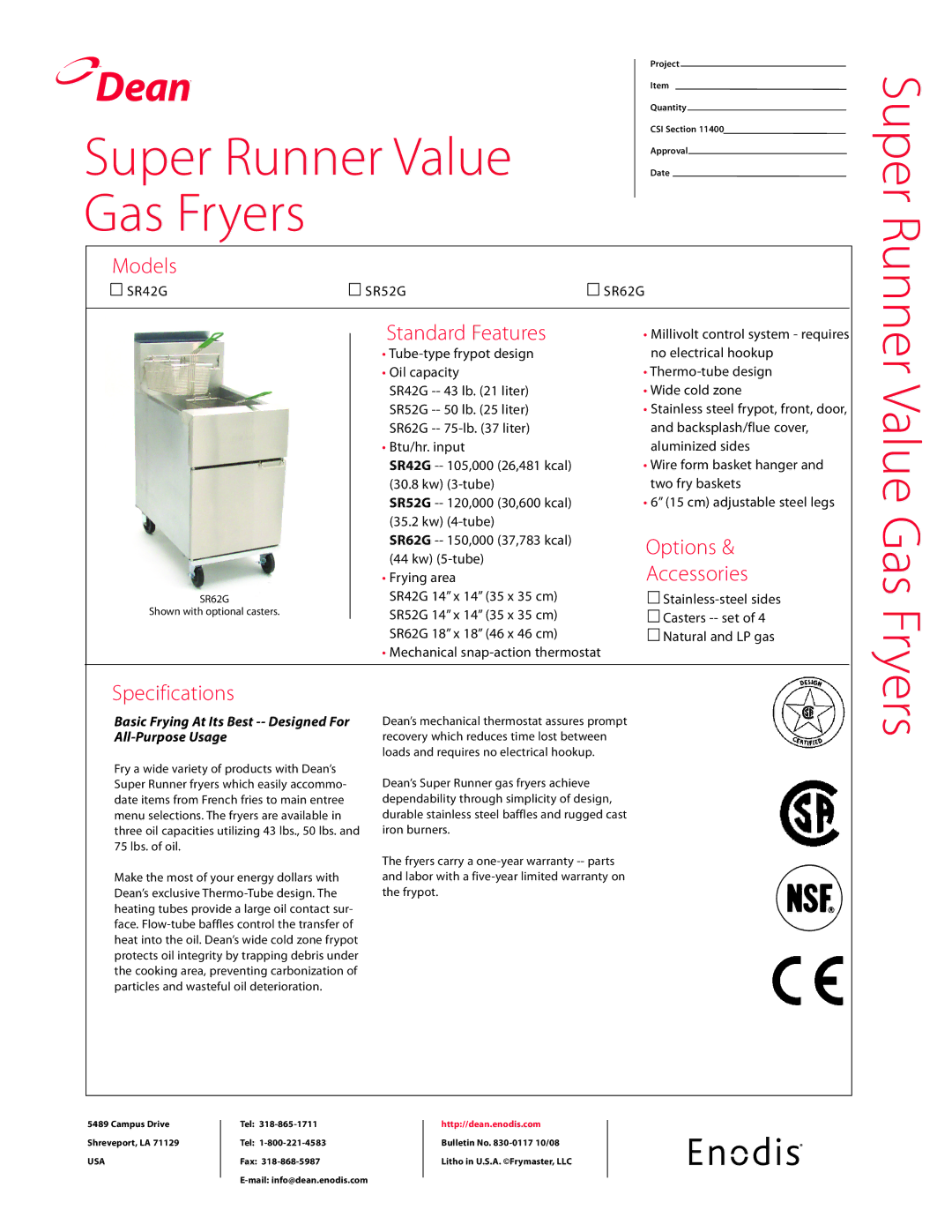 Frymaster SR42G specifications Super Runner Value Gas Fryers 