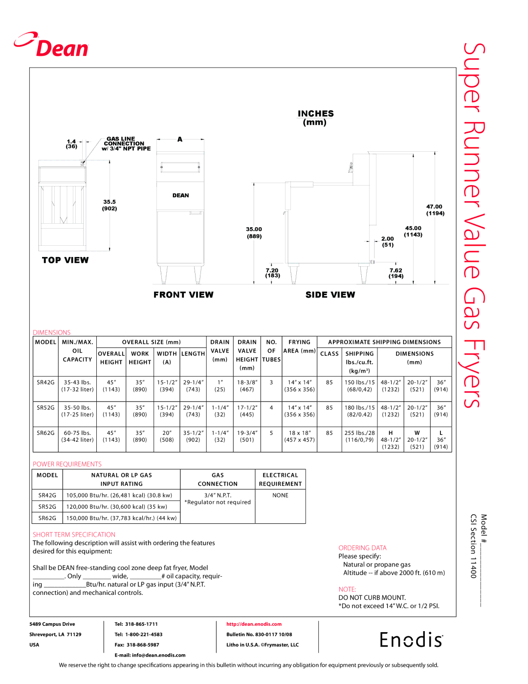 Frymaster SR42G specifications Gas Fryers, Dimensions, Power requirements, Short term specification 