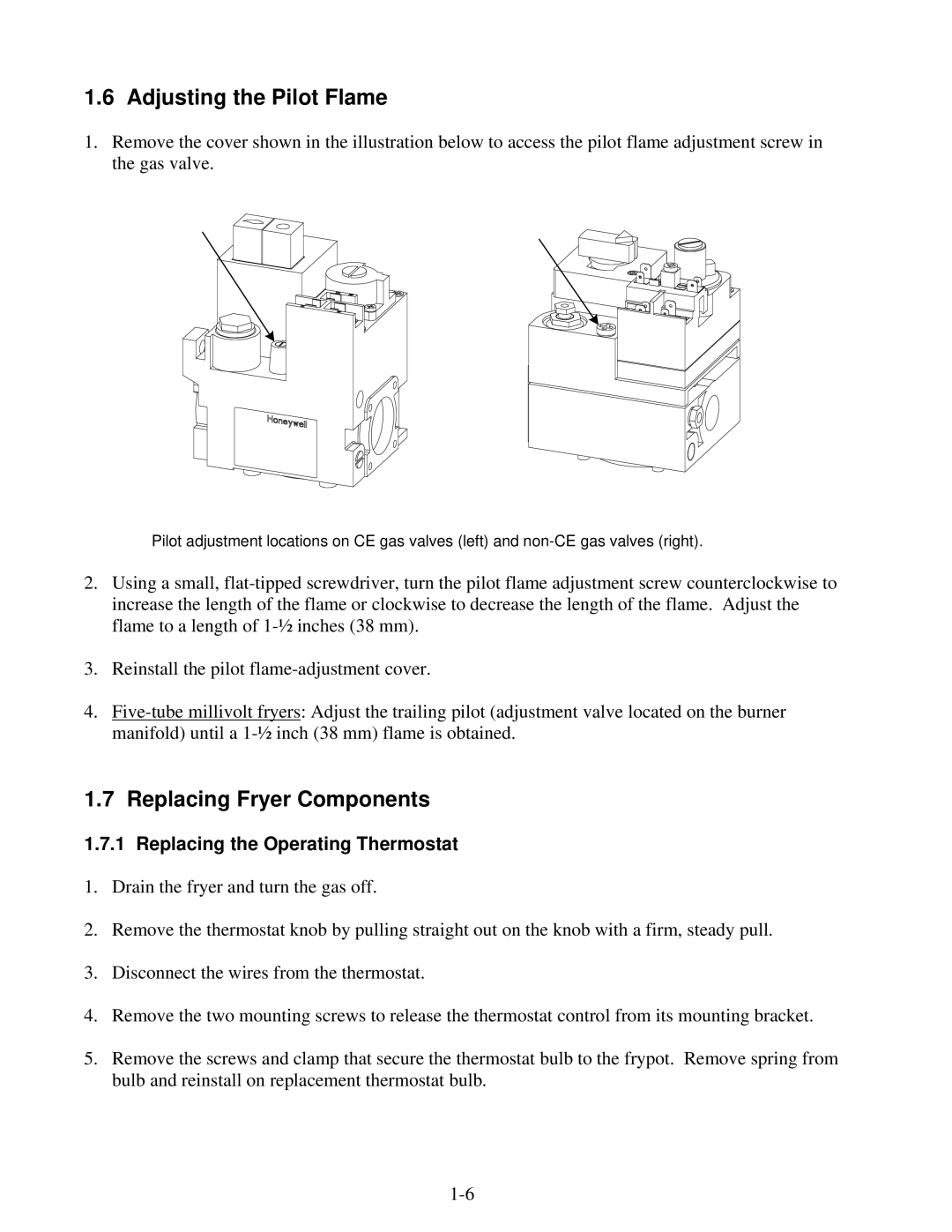 Frymaster Super Marathon Series Adjusting the Pilot Flame, Replacing Fryer Components, Replacing the Operating Thermostat 