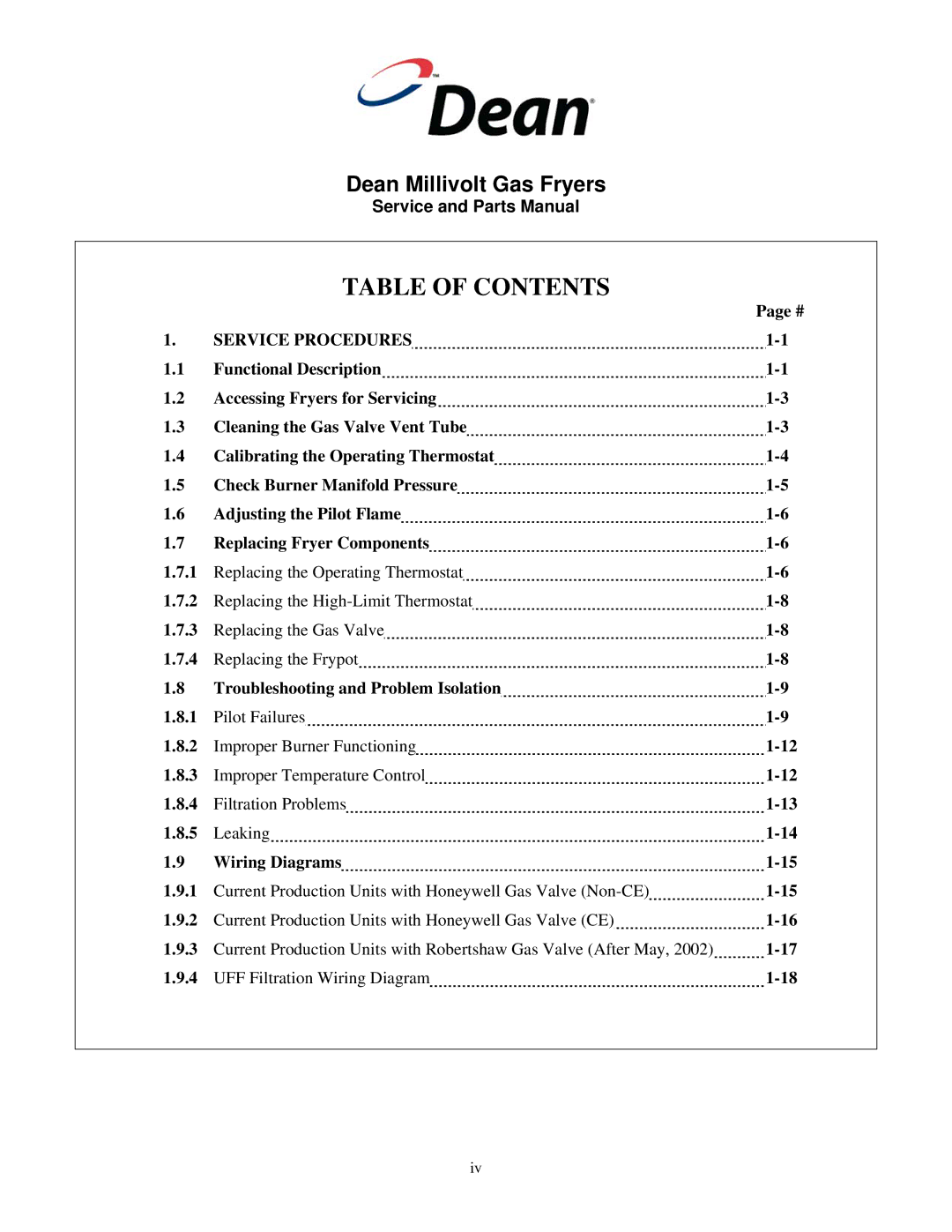 Frymaster Super Runner Series, Super Marathon Series manual Table of Contents 