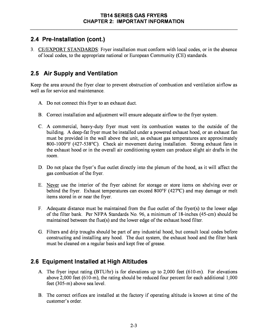 Frymaster TB14 operation manual Air Supply and Ventilation, Equipment Installed at High Altitudes, Pre-Installation cont 