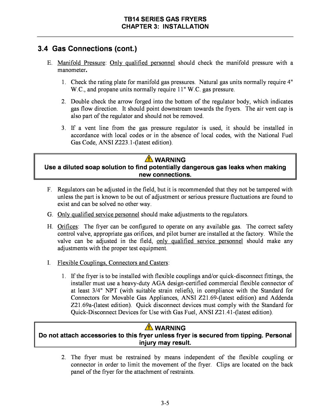 Frymaster operation manual new connections, injury may result, Gas Connections cont, TB14 SERIES GAS FRYERS INSTALLATION 