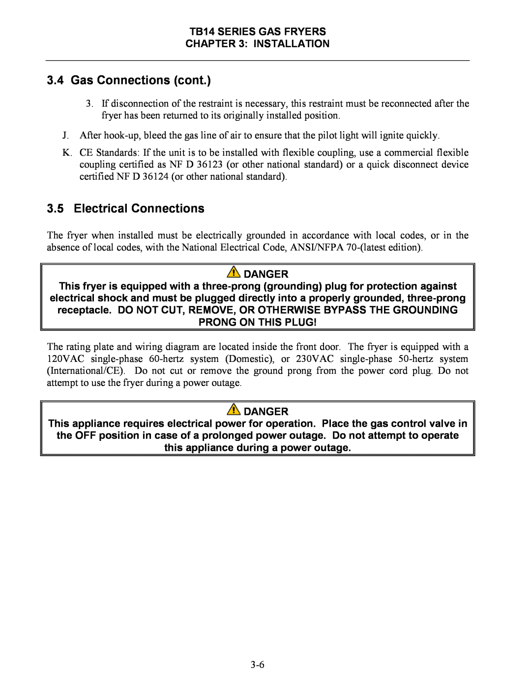 Frymaster operation manual Electrical Connections, Gas Connections cont, TB14 SERIES GAS FRYERS INSTALLATION, Danger 