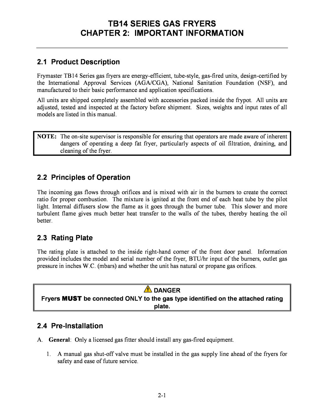 Frymaster TB14 SERIES GAS FRYERS IMPORTANT INFORMATION, Product Description, Principles of Operation, Rating Plate 