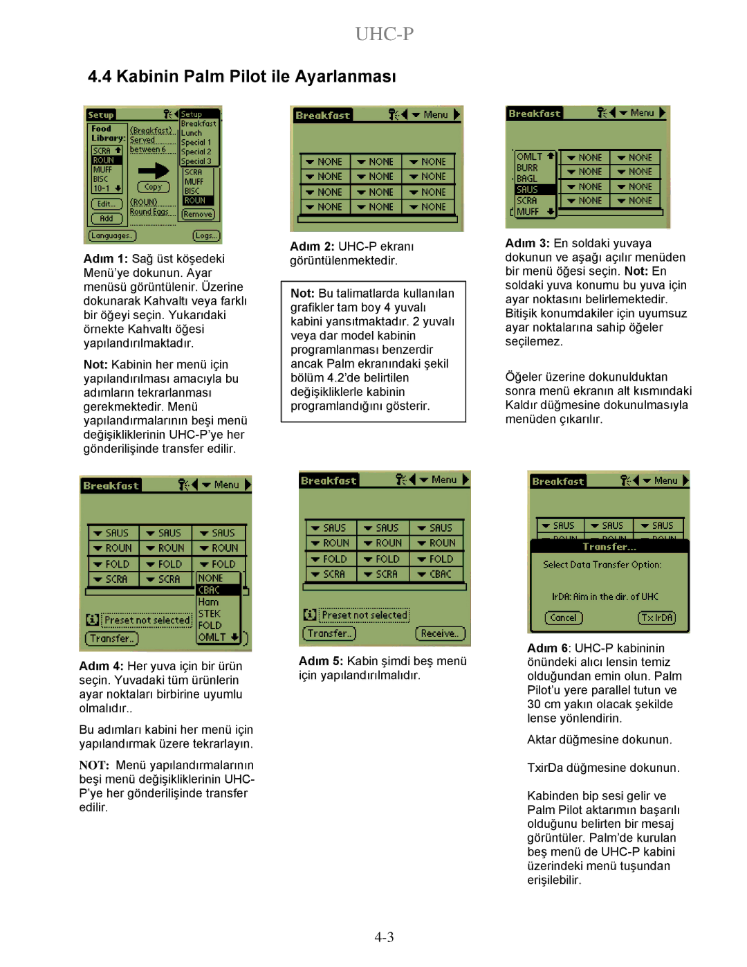 Frymaster UHC-P 2-yuva, UHC-P 4-yuva manual Kabinin Palm Pilot ile Ayarlanması 