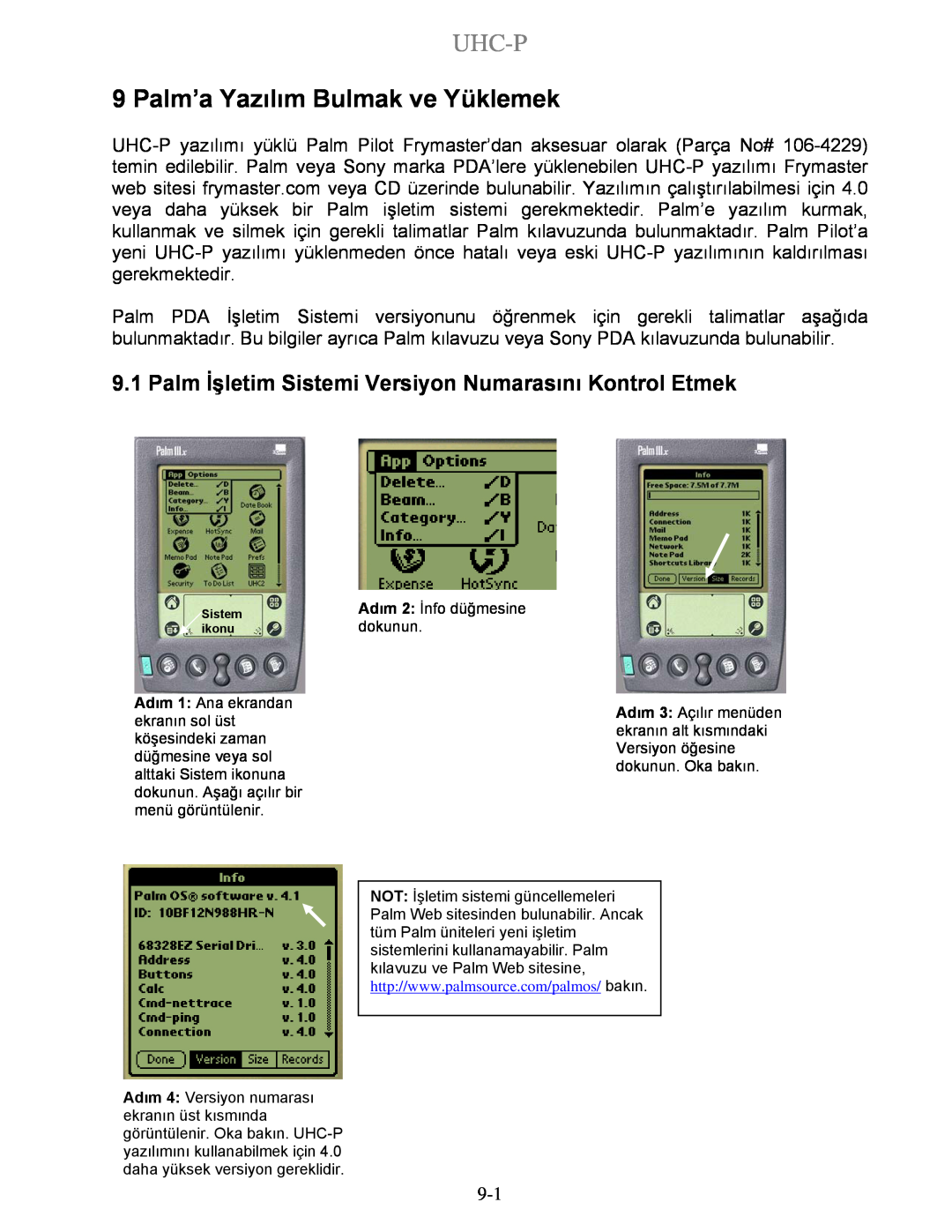 Frymaster UHC-P 4-yuva, UHC-P 2-yuva manual Palm’a Yazılım Bulmak ve Yüklemek, Uhc-P, Adım 2 İnfo düğmesine, dokunun 