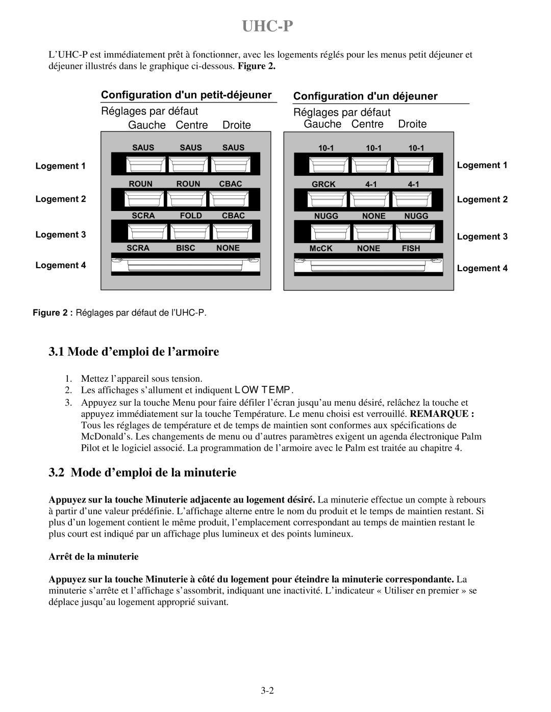 Frymaster UHC-PN, UHC-P 2 manuel dutilisation Mode d’emploi de l’armoire, Mode d’emploi de la minuterie 