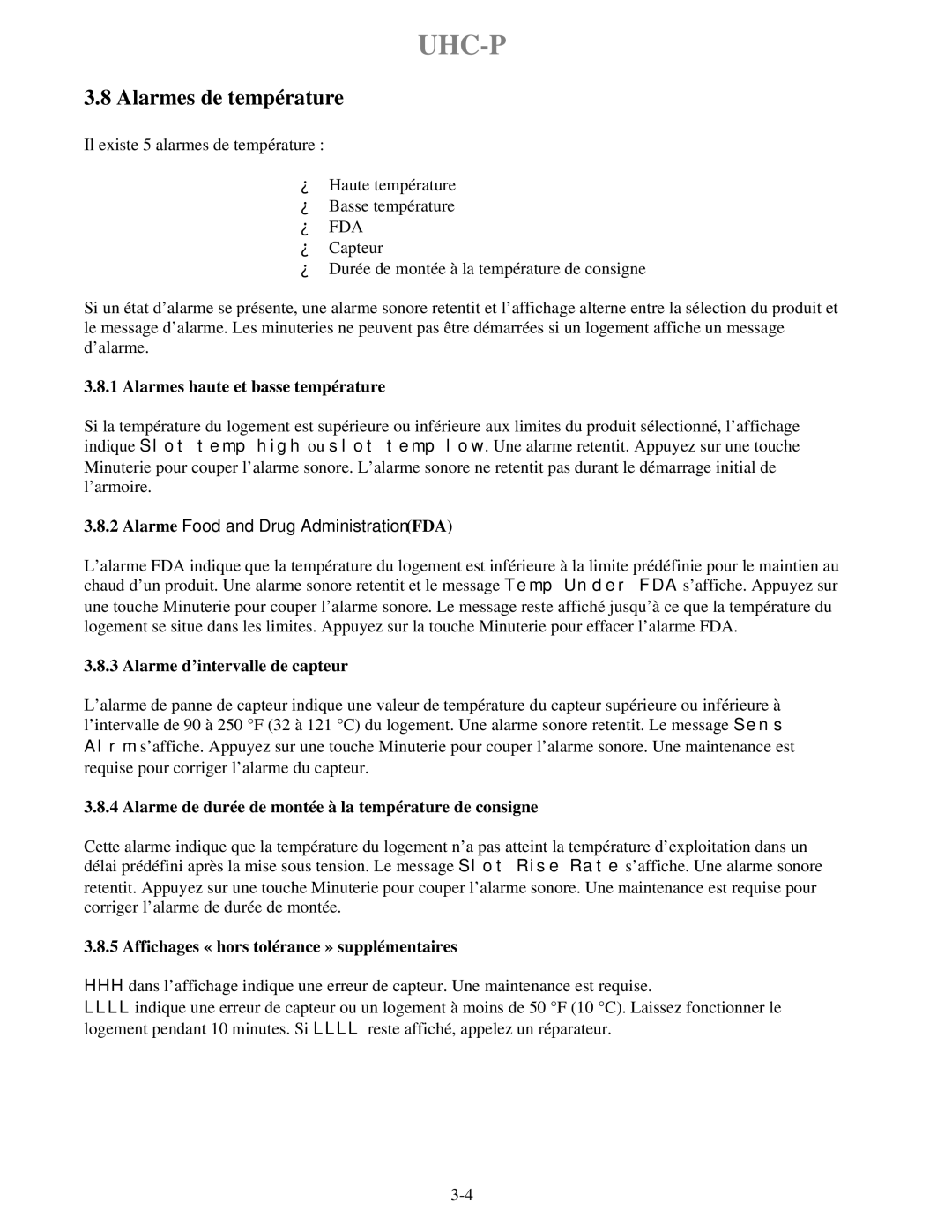 Frymaster UHC-PN, UHC-P 2 manuel dutilisation Alarmes de température, Fda 