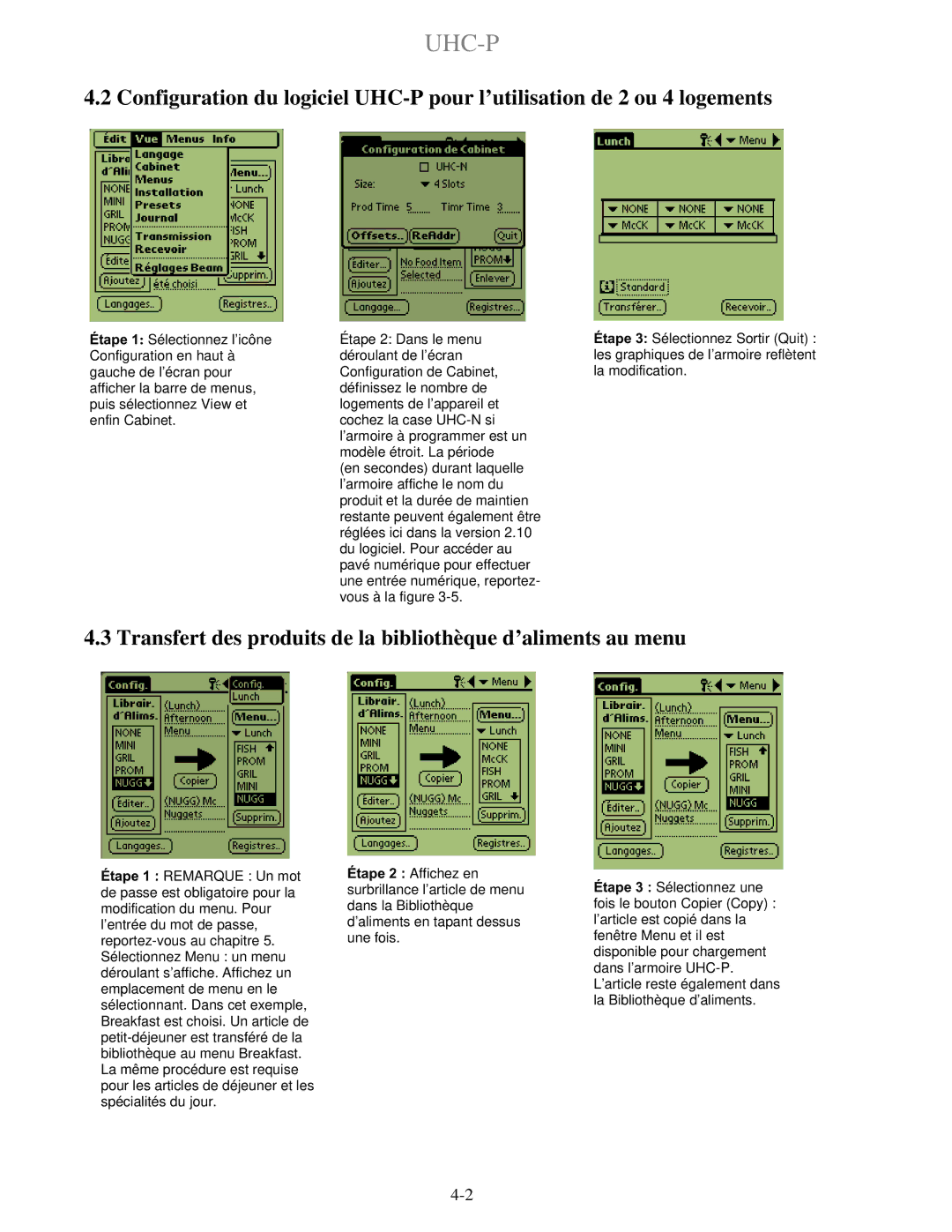 Frymaster UHC-PN, UHC-P 2 manuel dutilisation Transfert des produits de la bibliothèque d’aliments au menu 