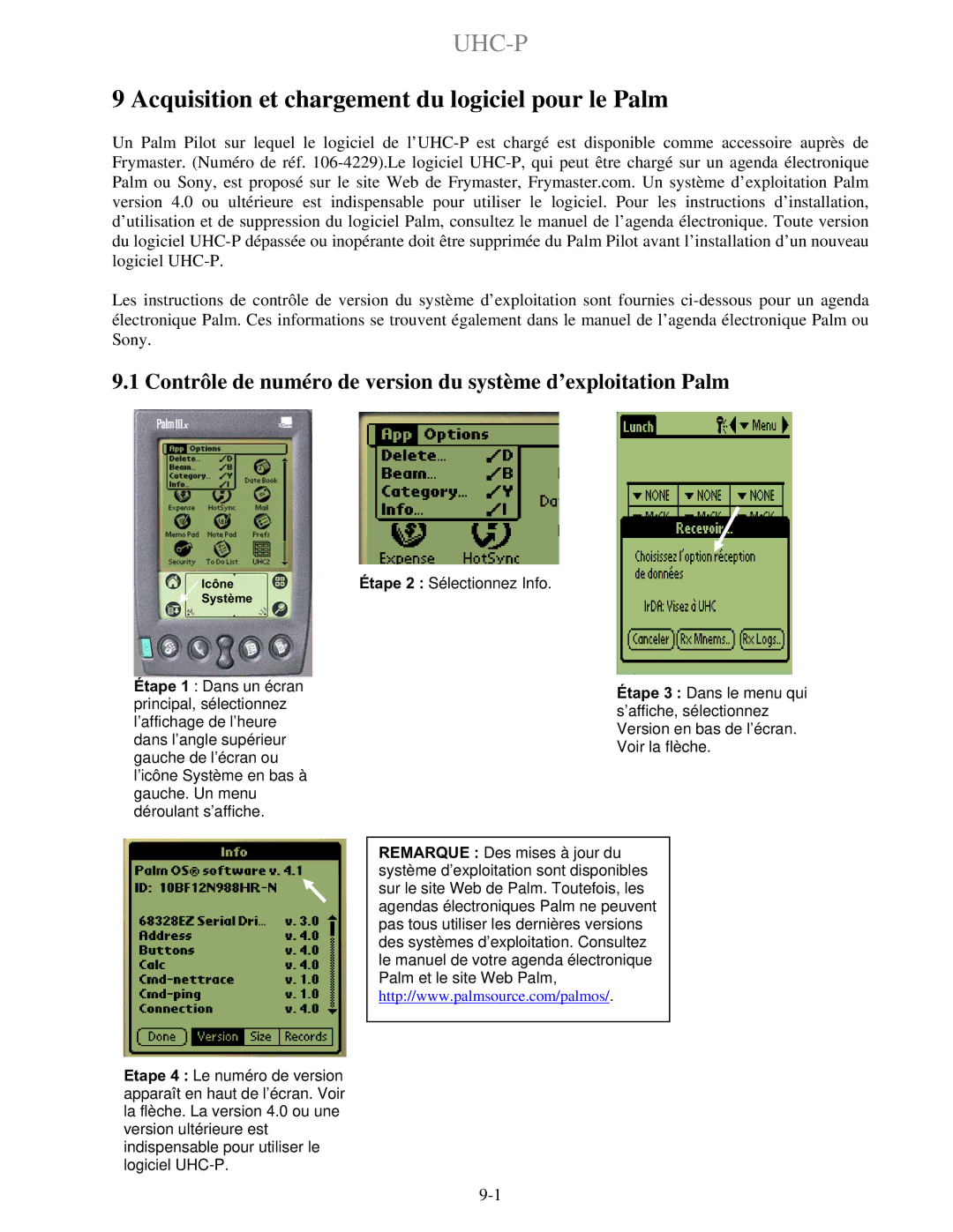 Frymaster UHC-PN, UHC-P 2 manuel dutilisation Acquisition et chargement du logiciel pour le Palm 