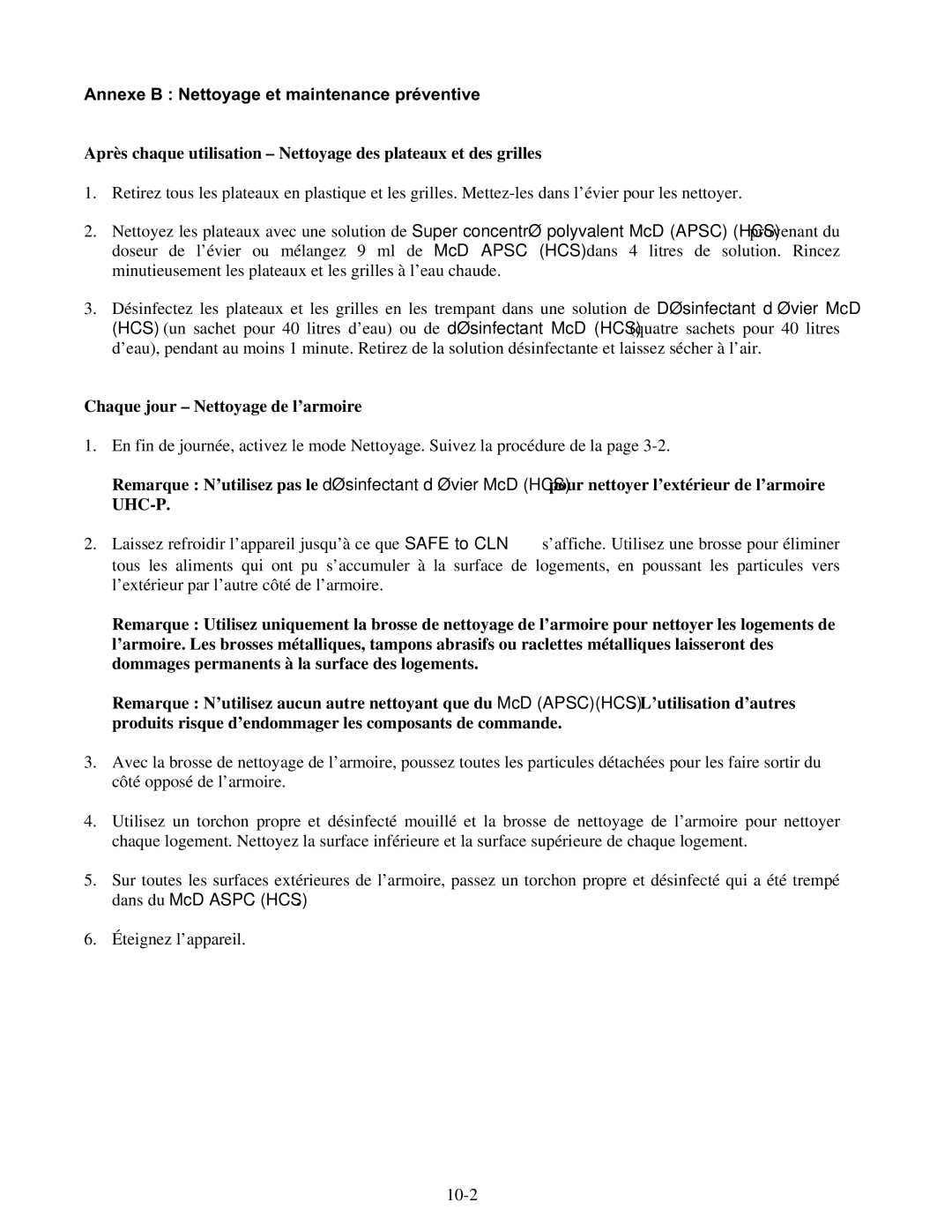 Frymaster UHC-P 2, UHC-PN manuel dutilisation Annexe B Nettoyage et maintenance préventive 