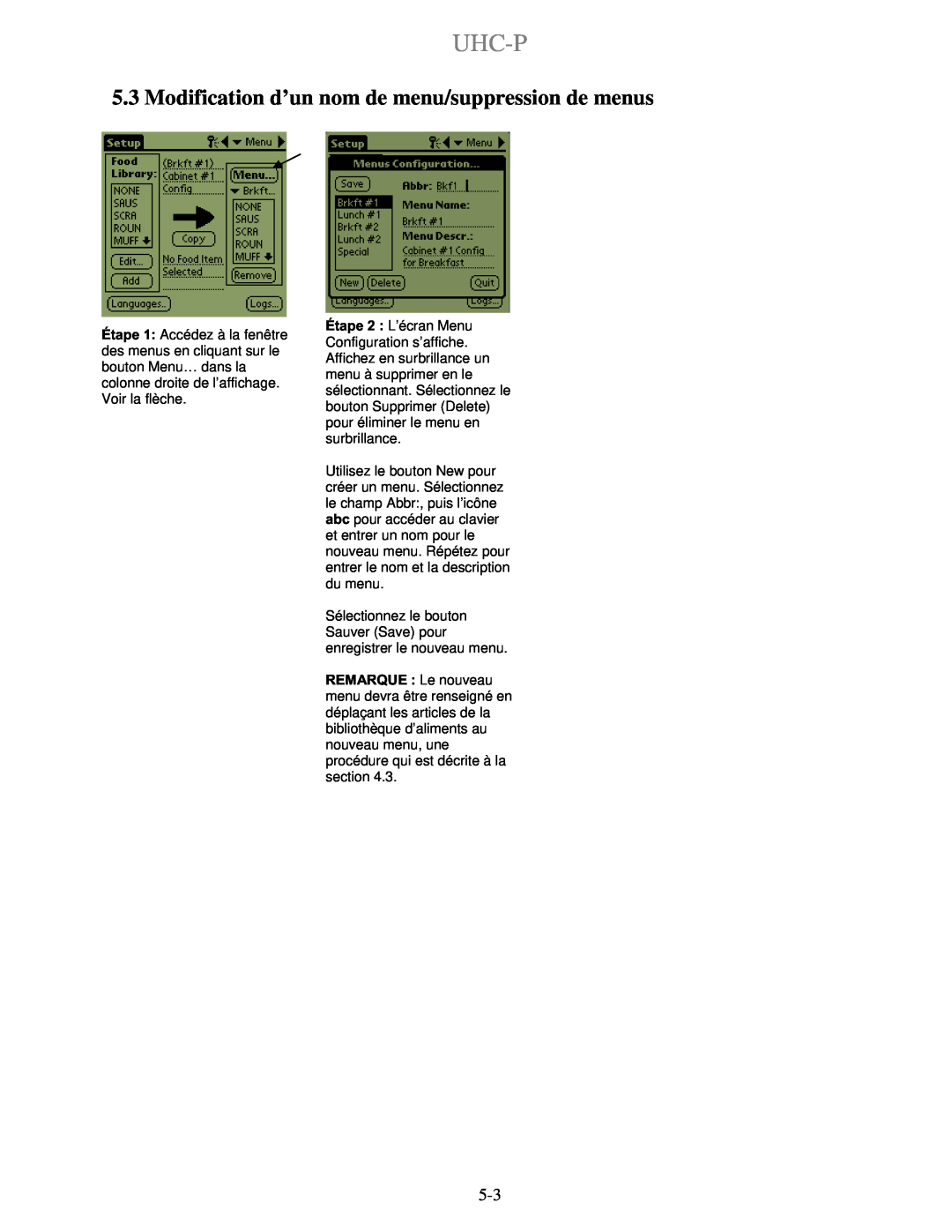 Frymaster UHC-PN, UHC-P 2 manuel dutilisation Modification d’un nom de menu/suppression de menus, Uhc-P 