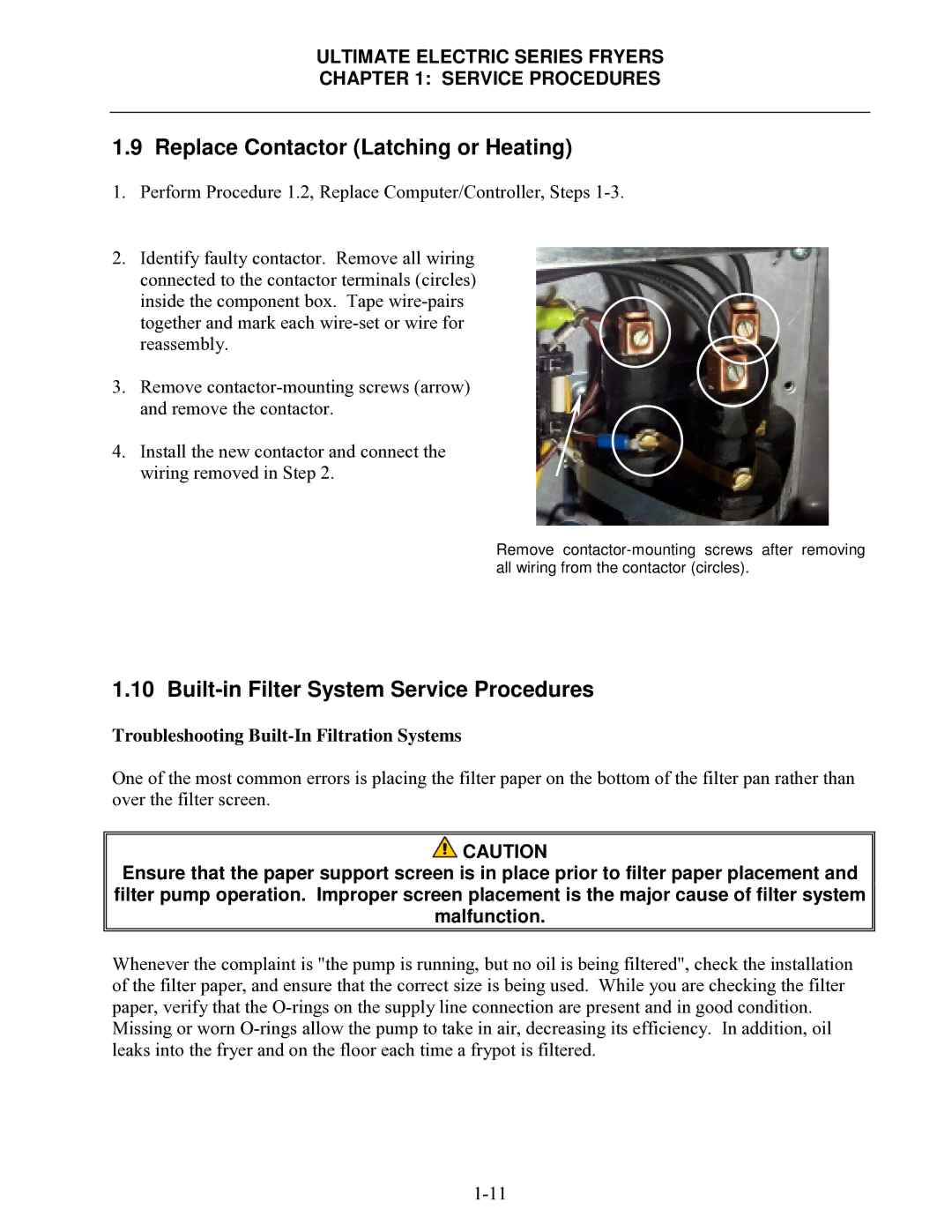 Frymaster Ultimate Electric Series manual Replace Contactor Latching or Heating, Built-in Filter System Service Procedures 