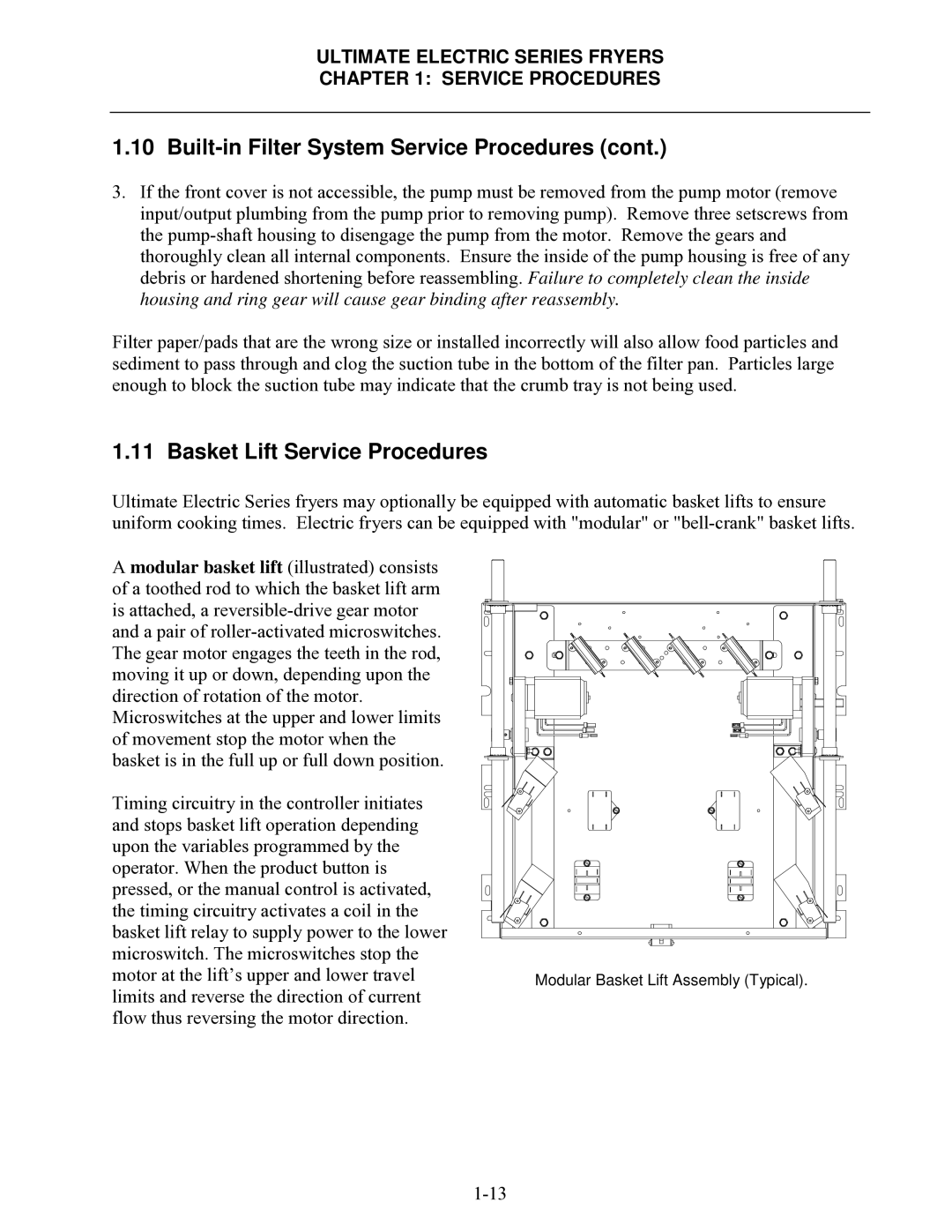 Frymaster Ultimate Electric Series manual Basket Lift Service Procedures 