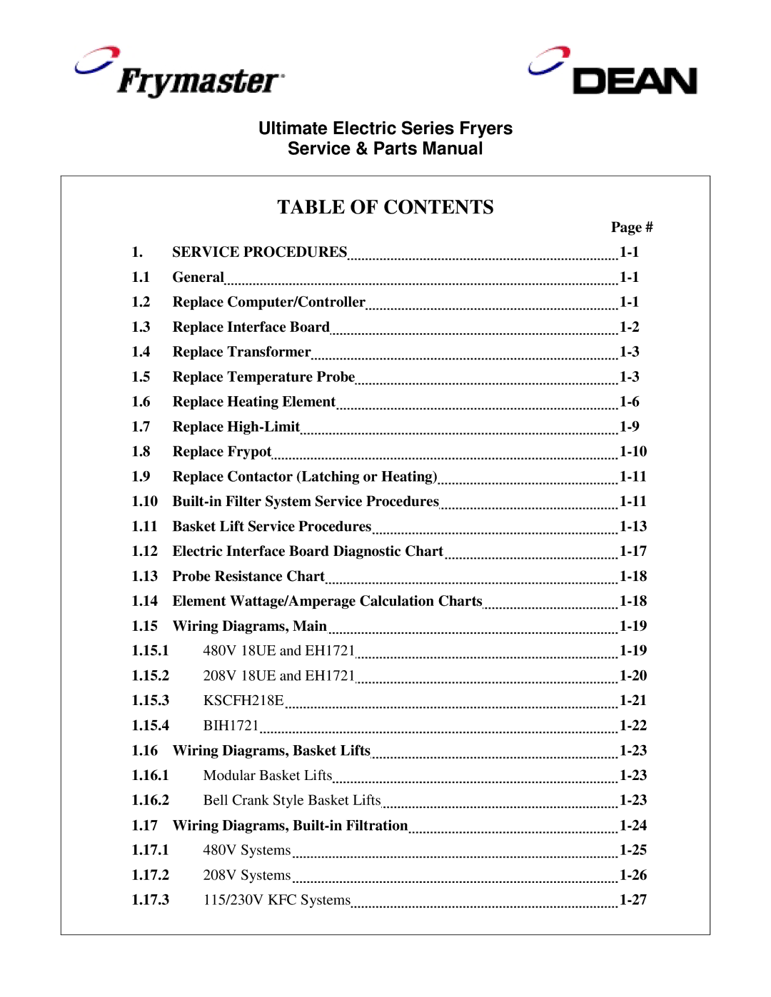 Frymaster Ultimate Electric Series manual Table of Contents 