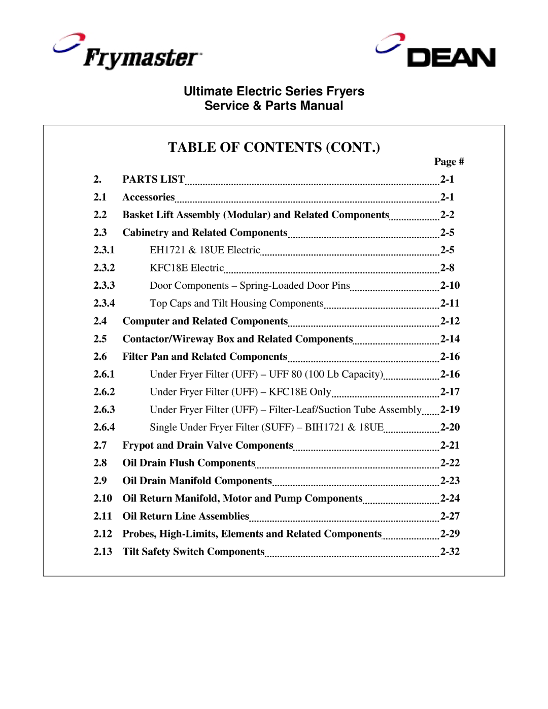 Frymaster Ultimate Electric Series manual Parts List 