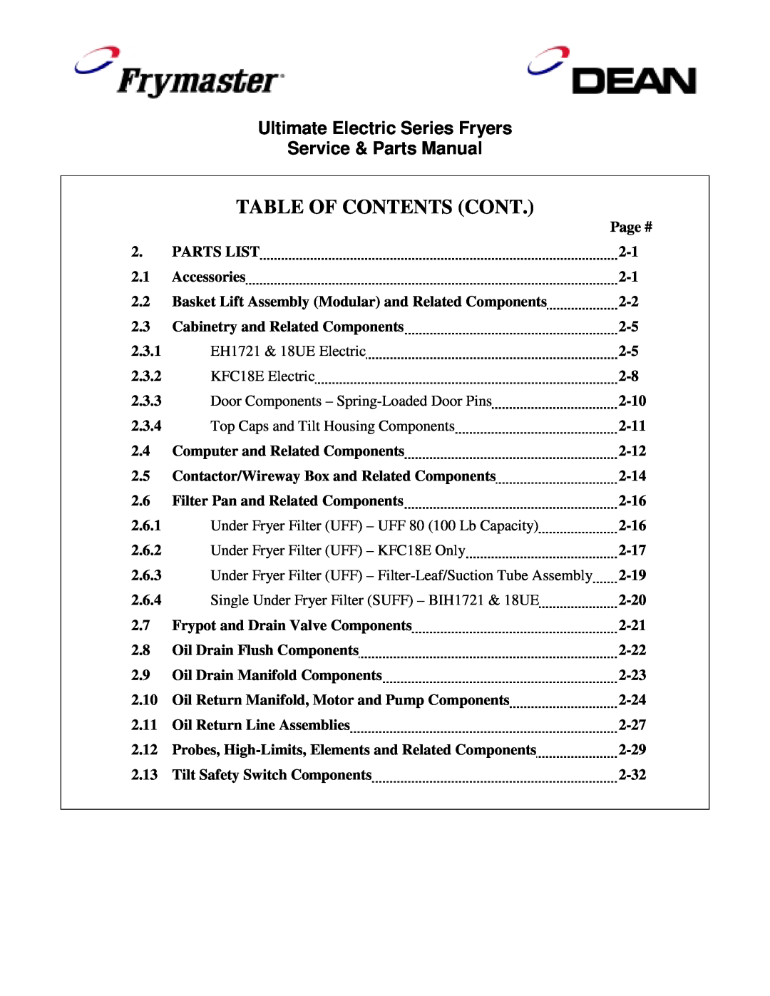 Frymaster manual Table Of Contents Cont, Ultimate Electric Series Fryers, Service & Parts Manual 