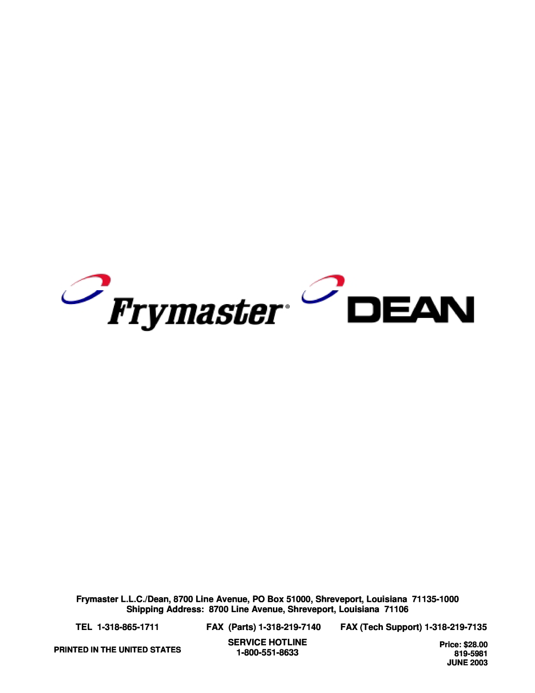 Frymaster Ultimate Electric Series manual FAX Parts, FAX Tech Support, Service Hotline, Price $28.00, 819-5981, June 