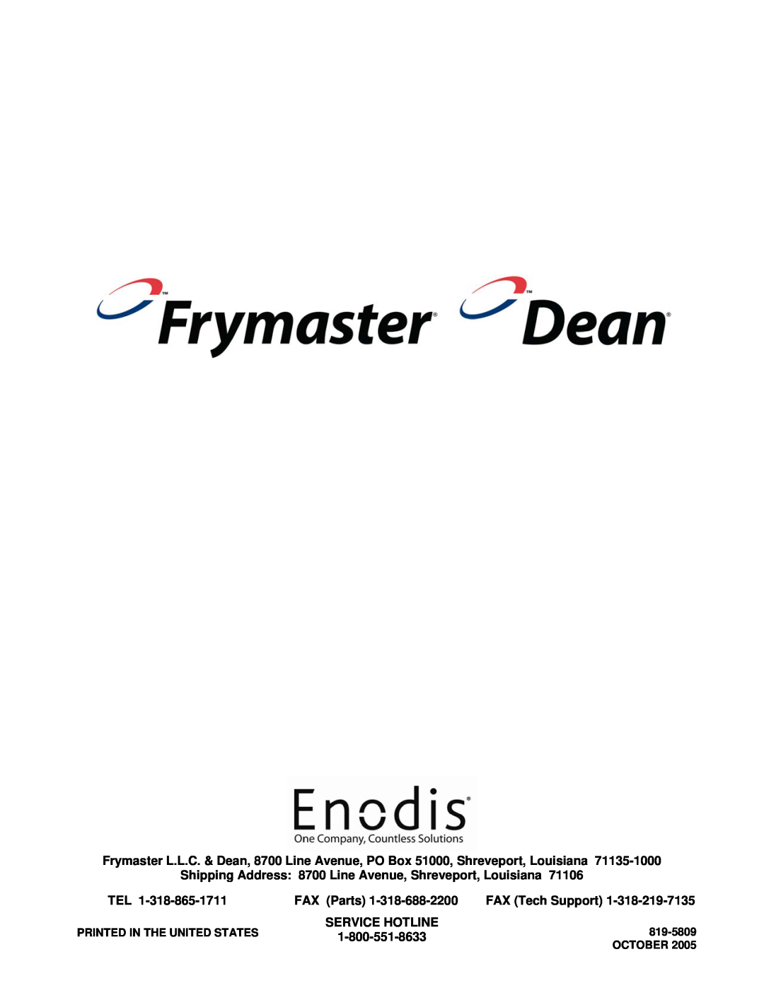 Frymaster Under Fryer Filter (UFF) FAX Parts, FAX Tech Support, Service Hotline, 1-800-551-8633, 819-5809, October 