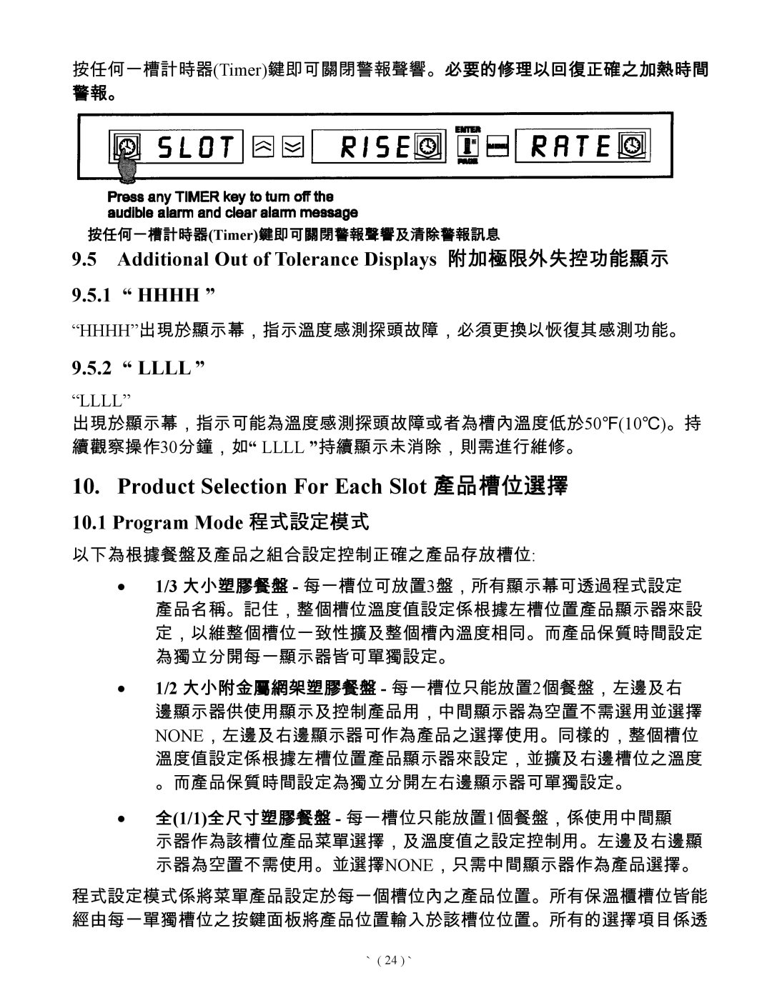 Frymaster Universal Holding Cabinet Product Selection For Each Slot, Additional Out of Tolerance Displays šËÍ Hhhh, Llll 