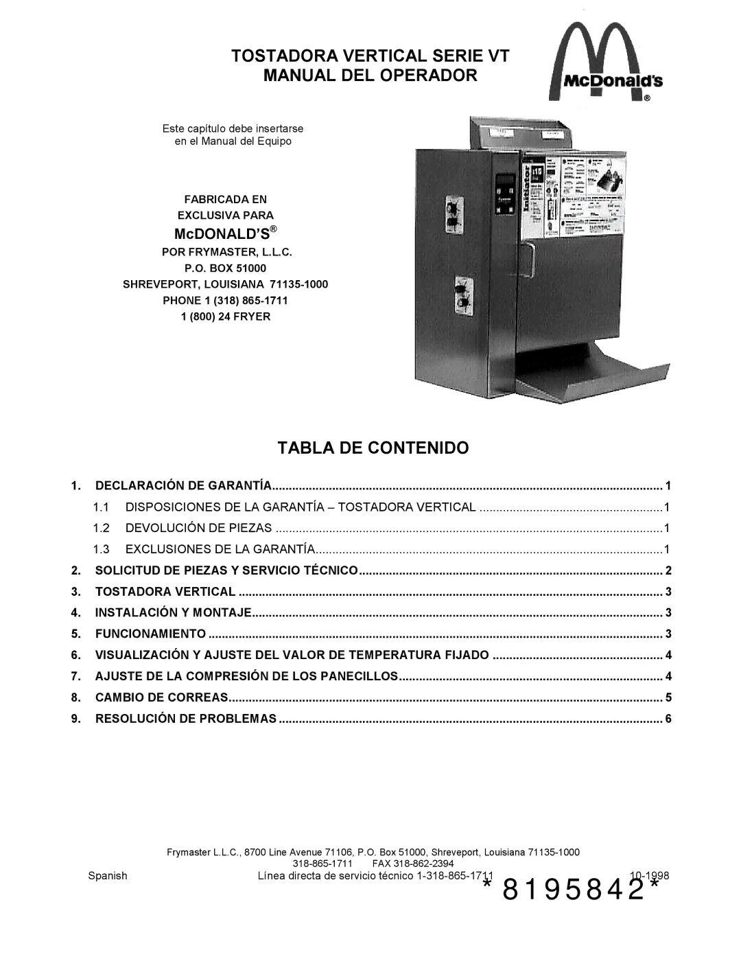 Frymaster VT Series manual 8195842 