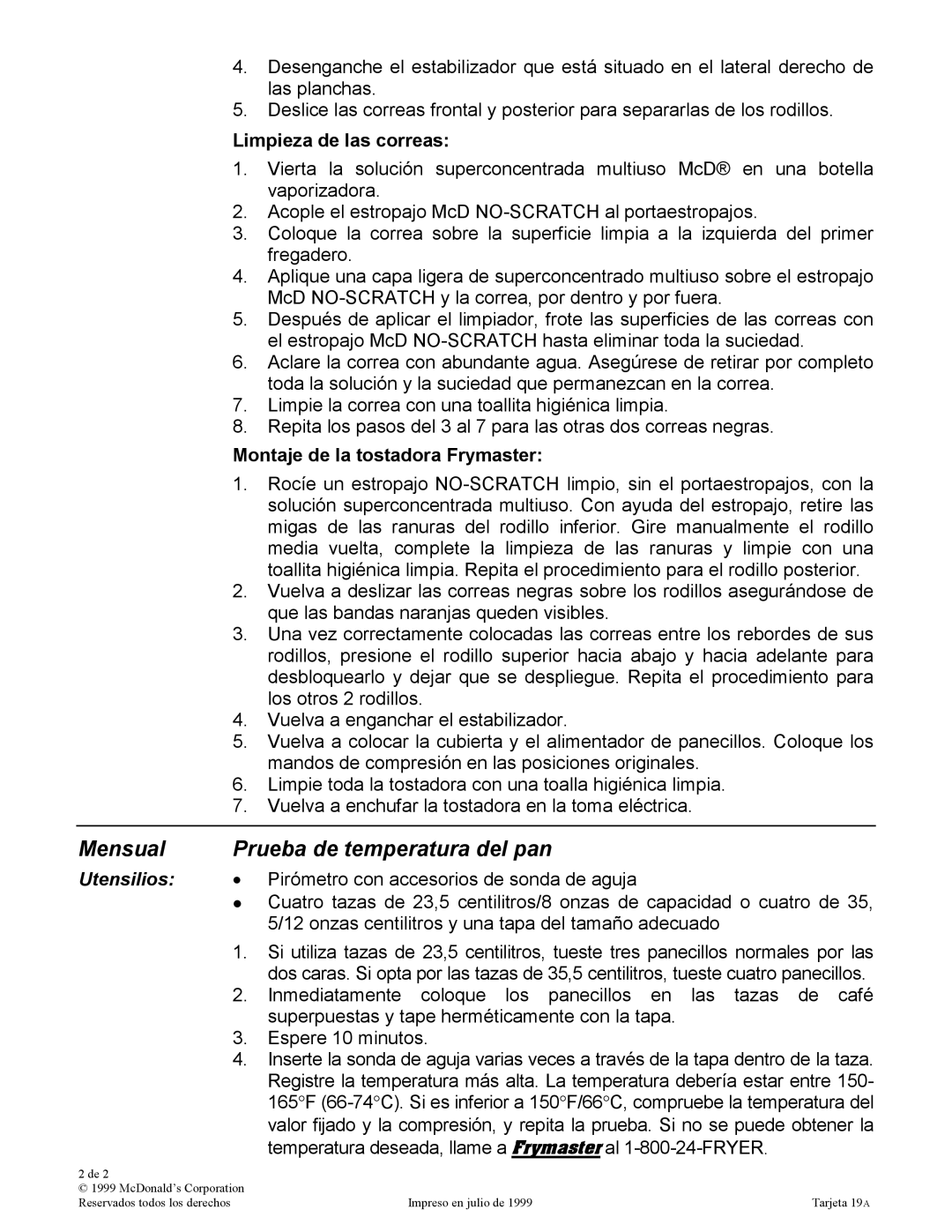 Frymaster VT Series manual Mensual Prueba de temperatura del pan 