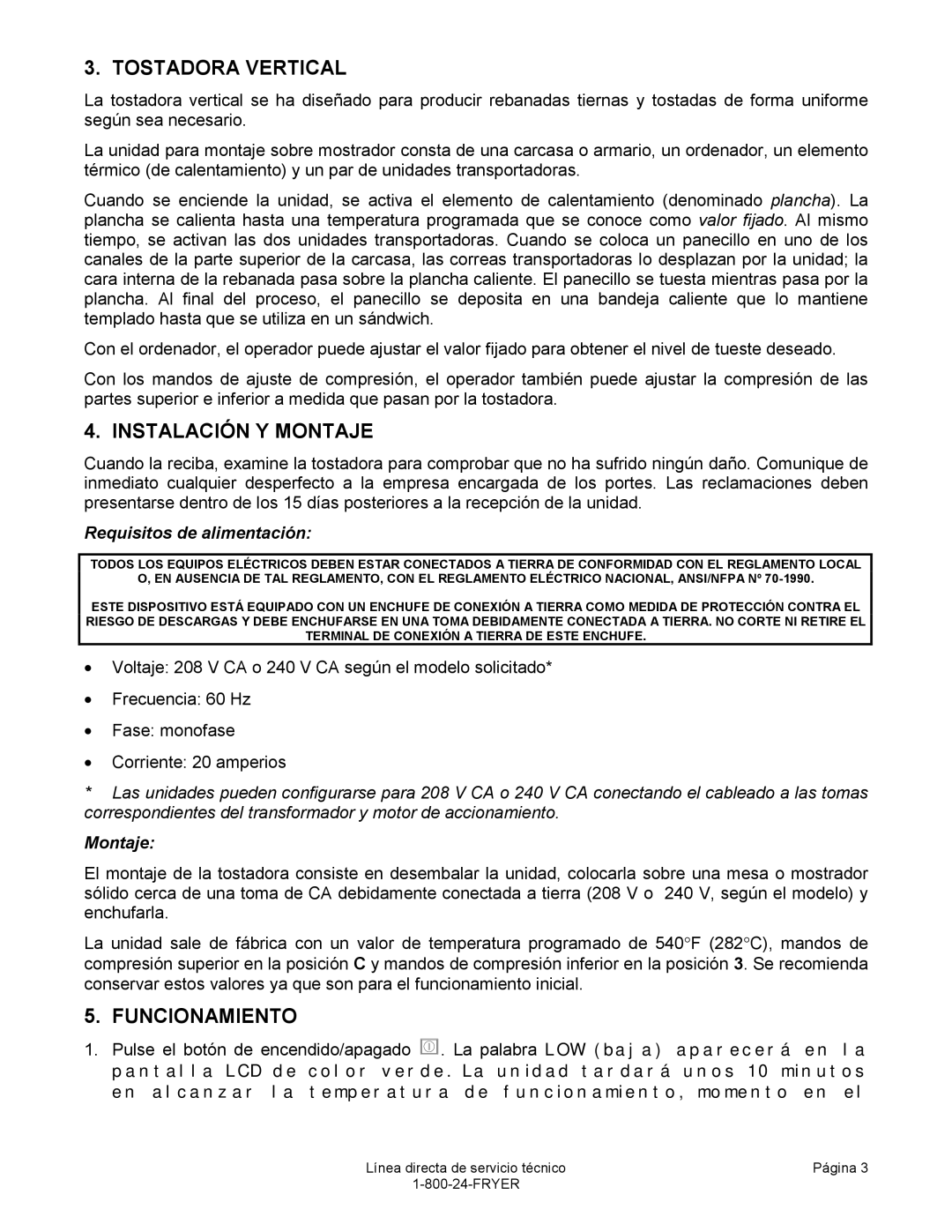 Frymaster VT Series manual Tostadora Vertical, Instalación Y Montaje, Funcionamiento 