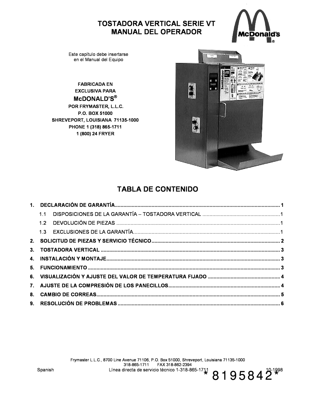 Frymaster VT Series manual McDONALD’S, 8195842, Tostadora Vertical Serie Vt Manual Del Operador, Tabla De Contenido 