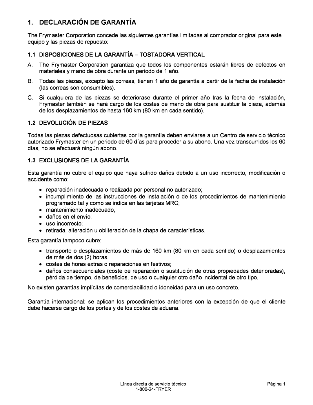 Frymaster VT Series manual Declaración De Garantía, Disposiciones De La Garantía - Tostadora Vertical, Devolución De Piezas 