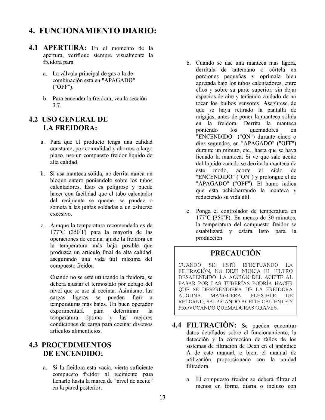 Frymaster Y SM80 manual Funcionamiento Diario, USO General DE LA Freidora 