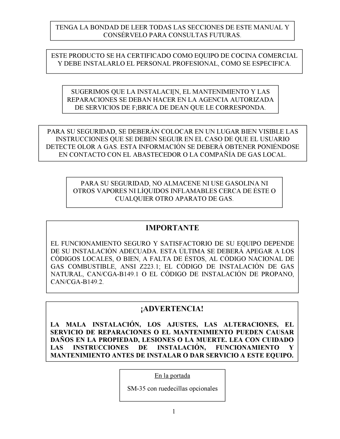 Frymaster Y SM80 manual Importante, ¡Advertencia 