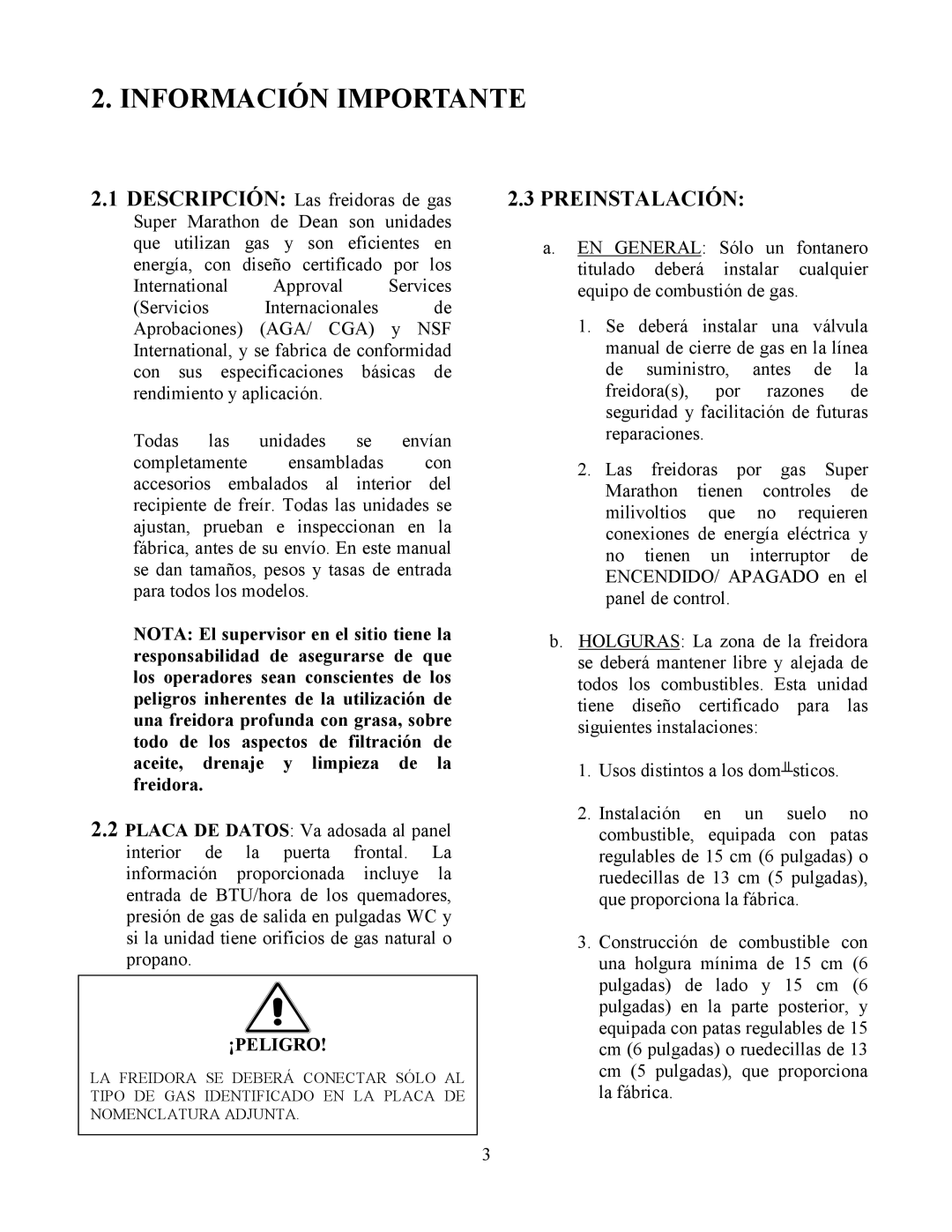 Frymaster Y SM80 manual Información Importante, Preinstalación 