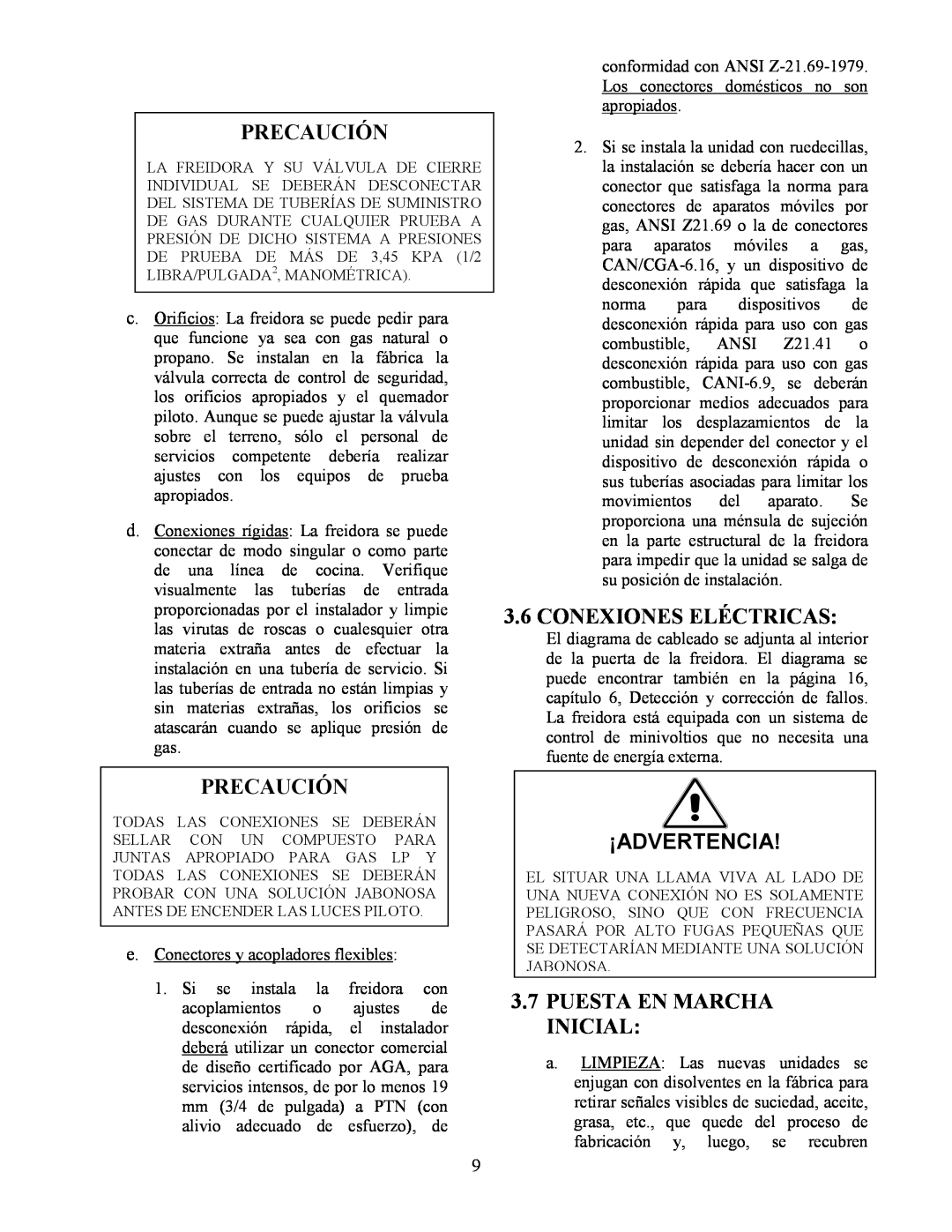 Frymaster Y SM80 manual 3.6CONEXIONES ELÉCTRICAS, ¡Advertencia, 3.7PUESTA EN MARCHA INICIAL, Precaución 