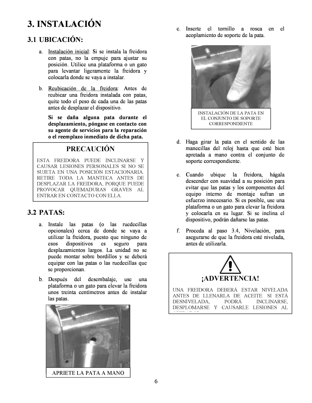 Frymaster Y SM80 manual Instalación, 3.1UBICACIÓN, Precaución, 3.2PATAS, ¡Advertencia 