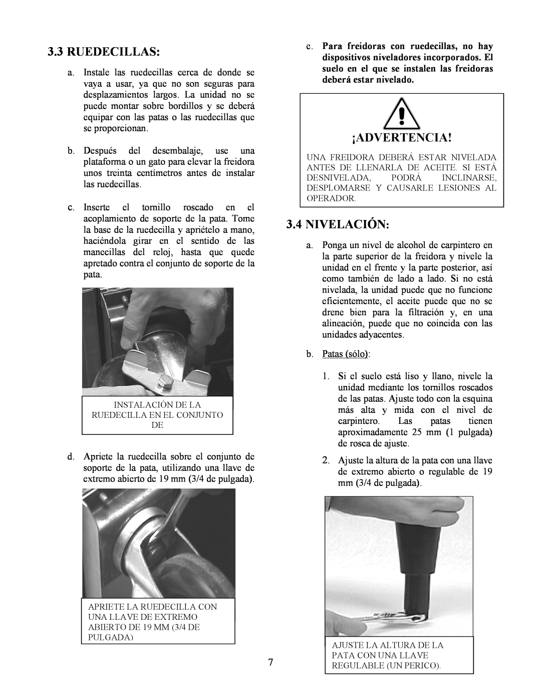 Frymaster Y SM80 manual 3.3RUEDECILLAS, 3.4NIVELACIÓN, ¡Advertencia 