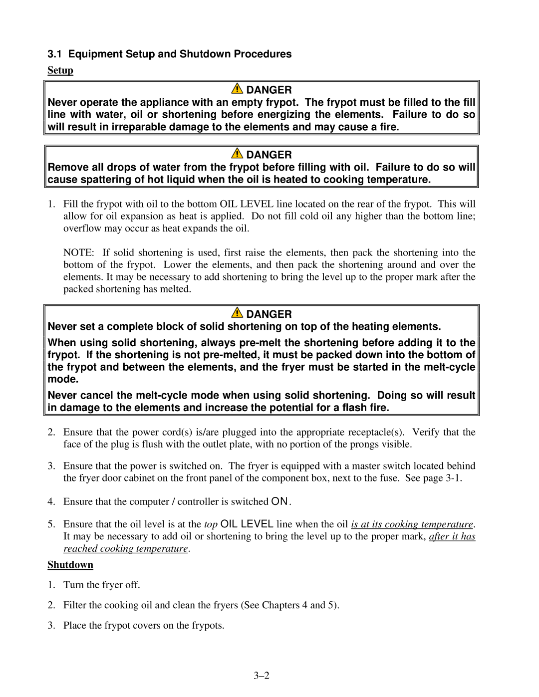 Frymaster YFPRE1817E operation manual Equipment Setup and Shutdown Procedures 