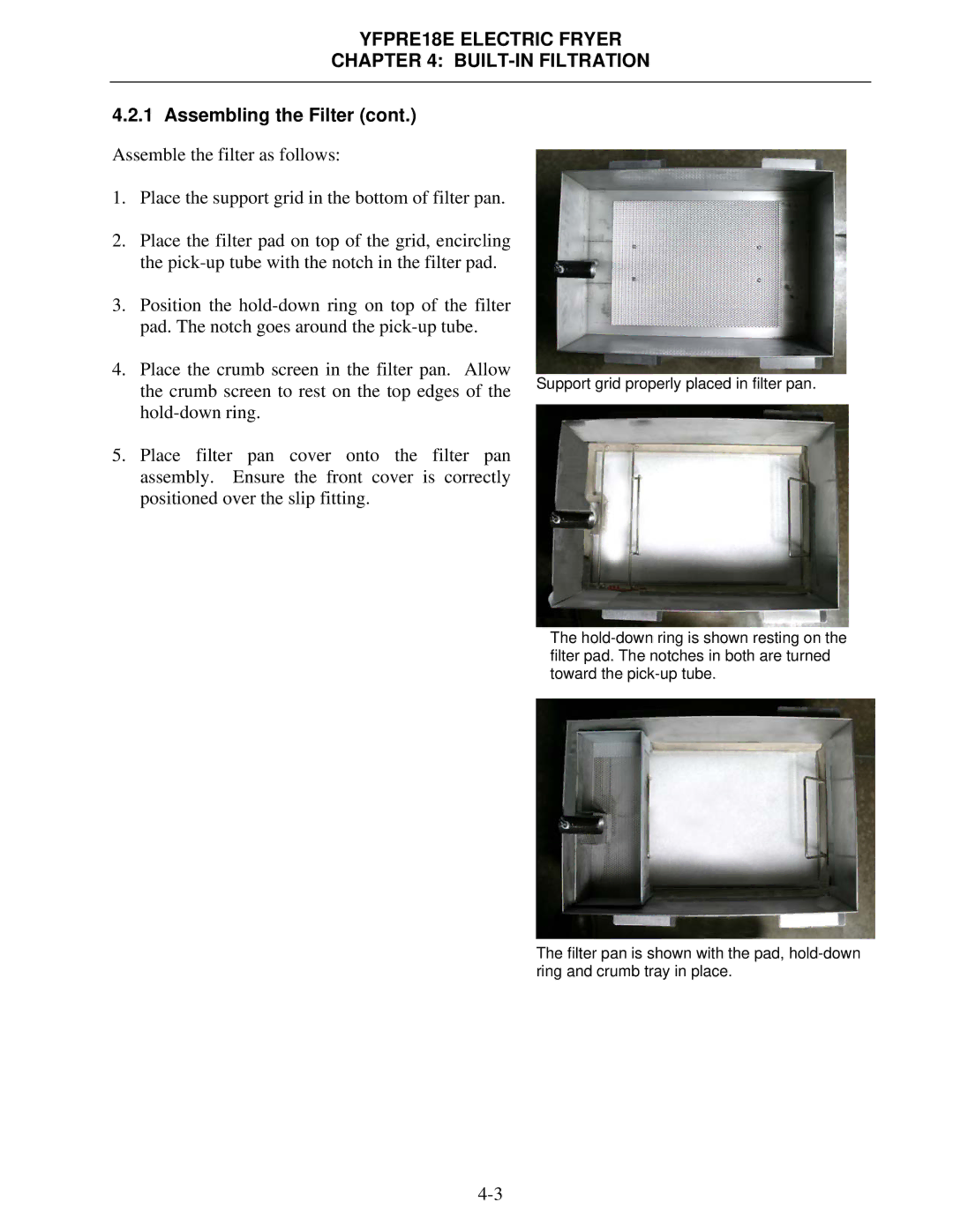 Frymaster YFPRE1817E operation manual Crumb screen to rest on the top edges 