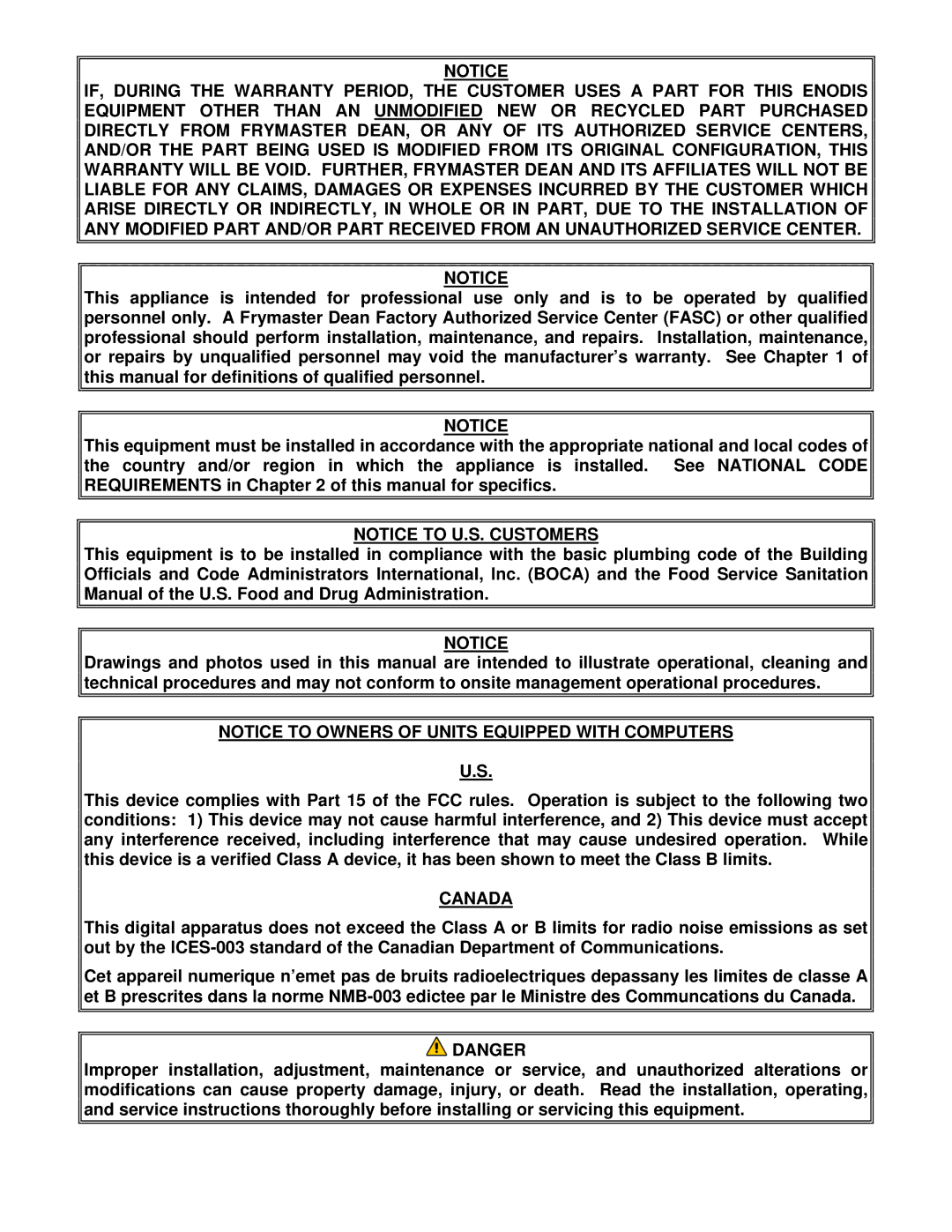 Frymaster YFPRE1817E operation manual Canada 