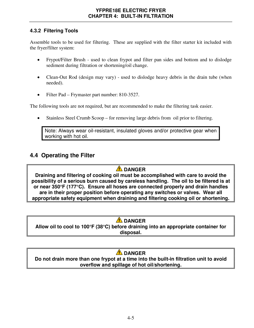 Frymaster YFPRE1817E operation manual Operating the Filter, Filtering Tools 