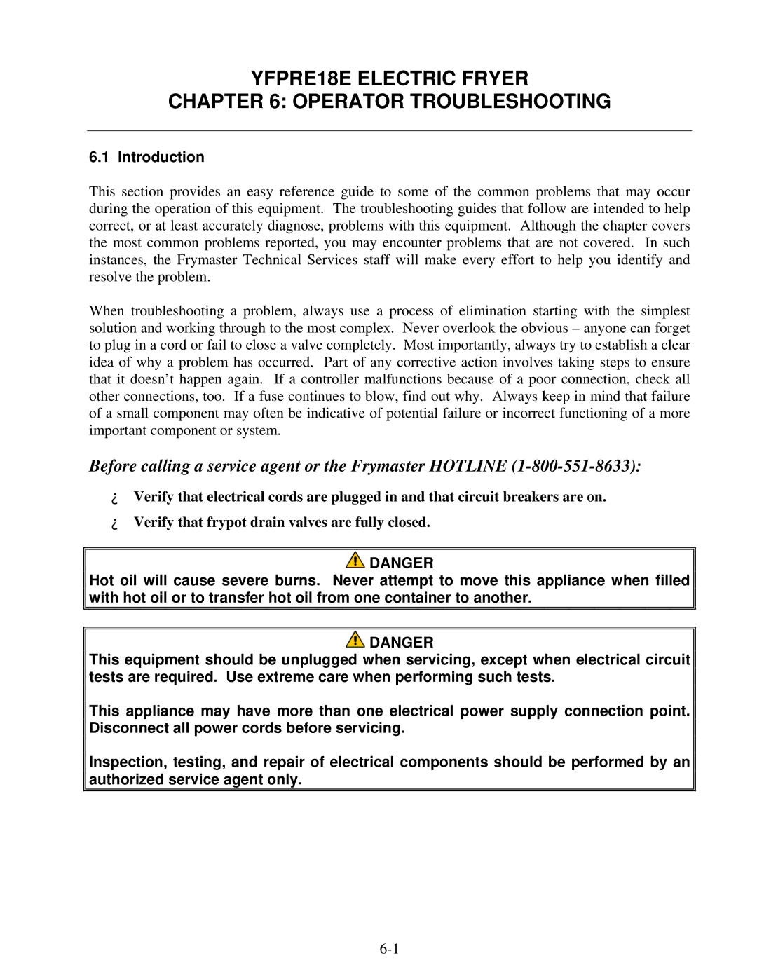 Frymaster YFPRE1817E operation manual YFPRE18E Electric Fryer Operator Troubleshooting, Introduction 