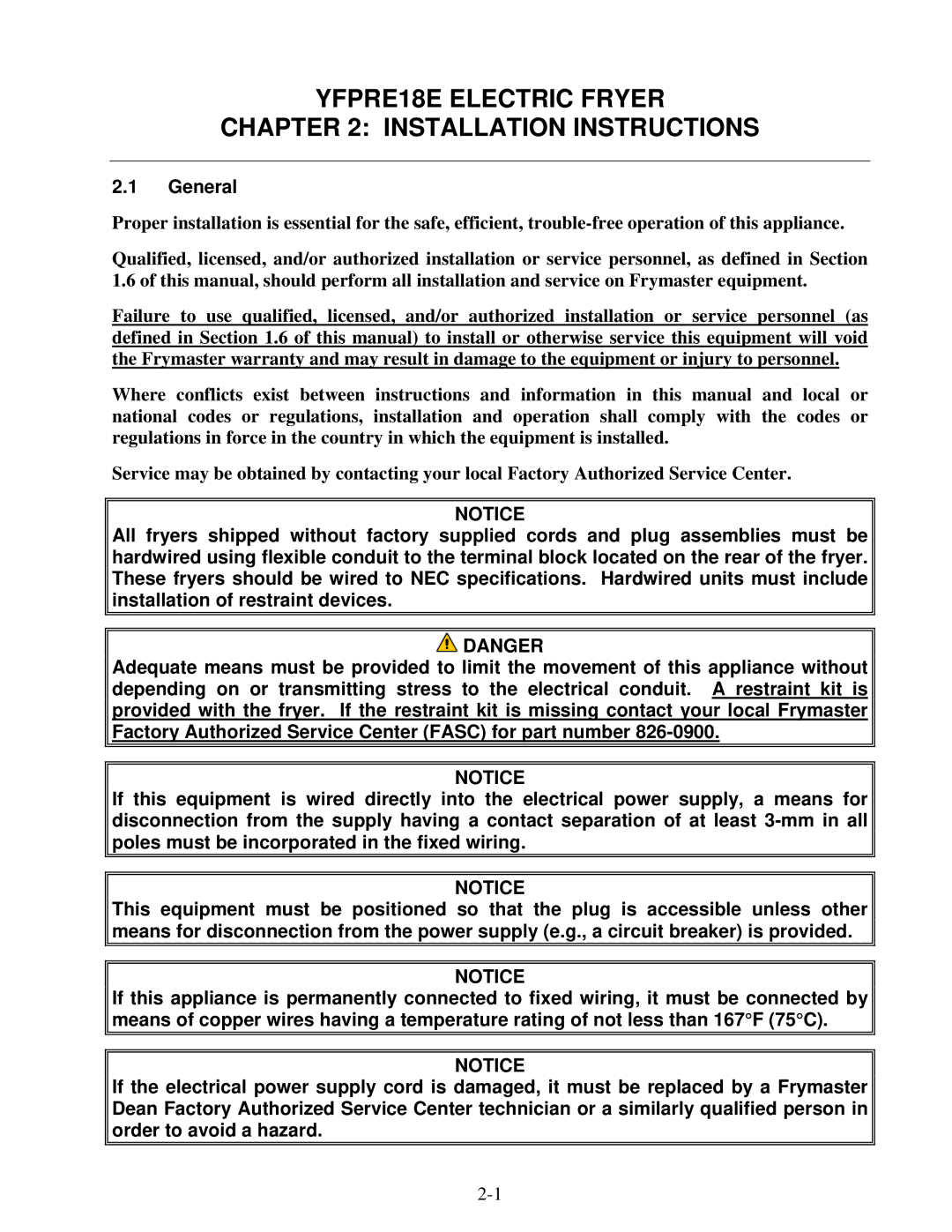 Frymaster YFPRE1817E operation manual YFPRE18E Electric Fryer Installation Instructions, General 