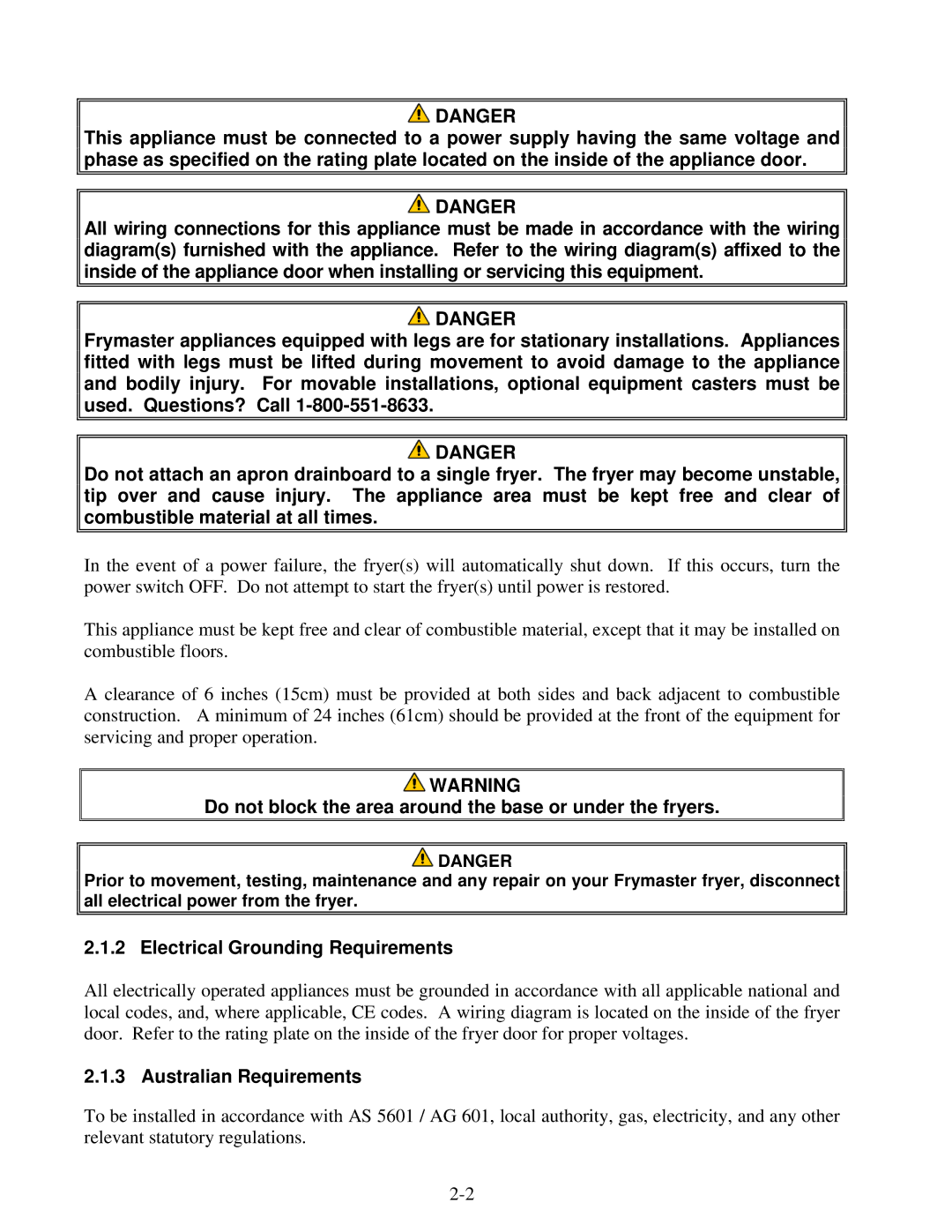 Frymaster YFPRE1817E Do not block the area around the base or under the fryers, Electrical Grounding Requirements 