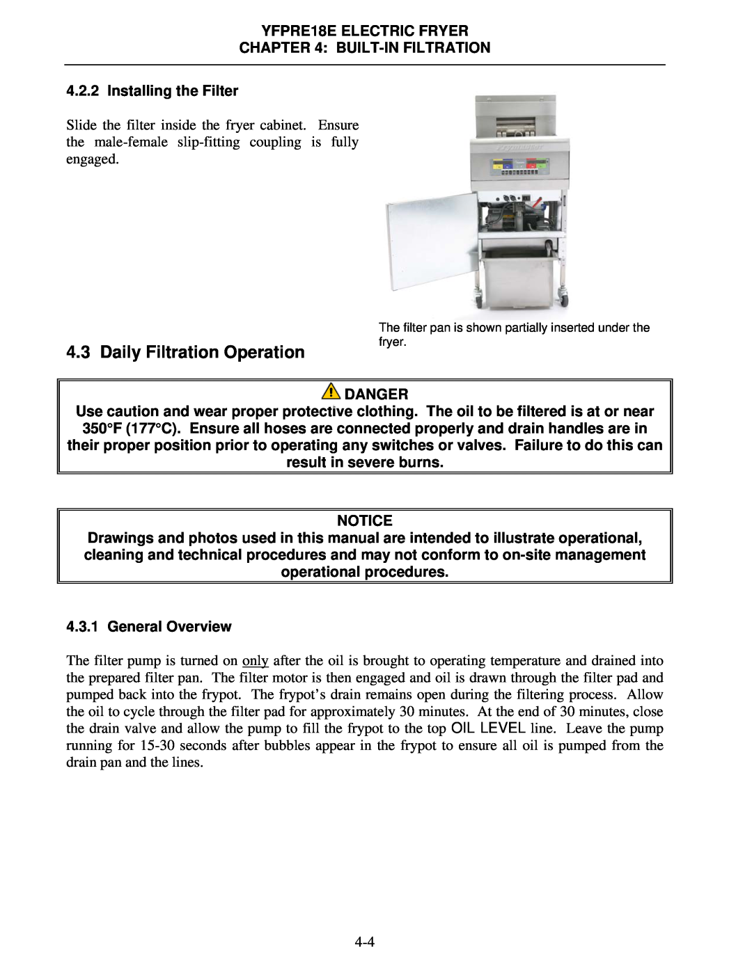 Frymaster YFPRE1817E Daily Filtration Operation, The filter pan is shown partially inserted under the fryer 